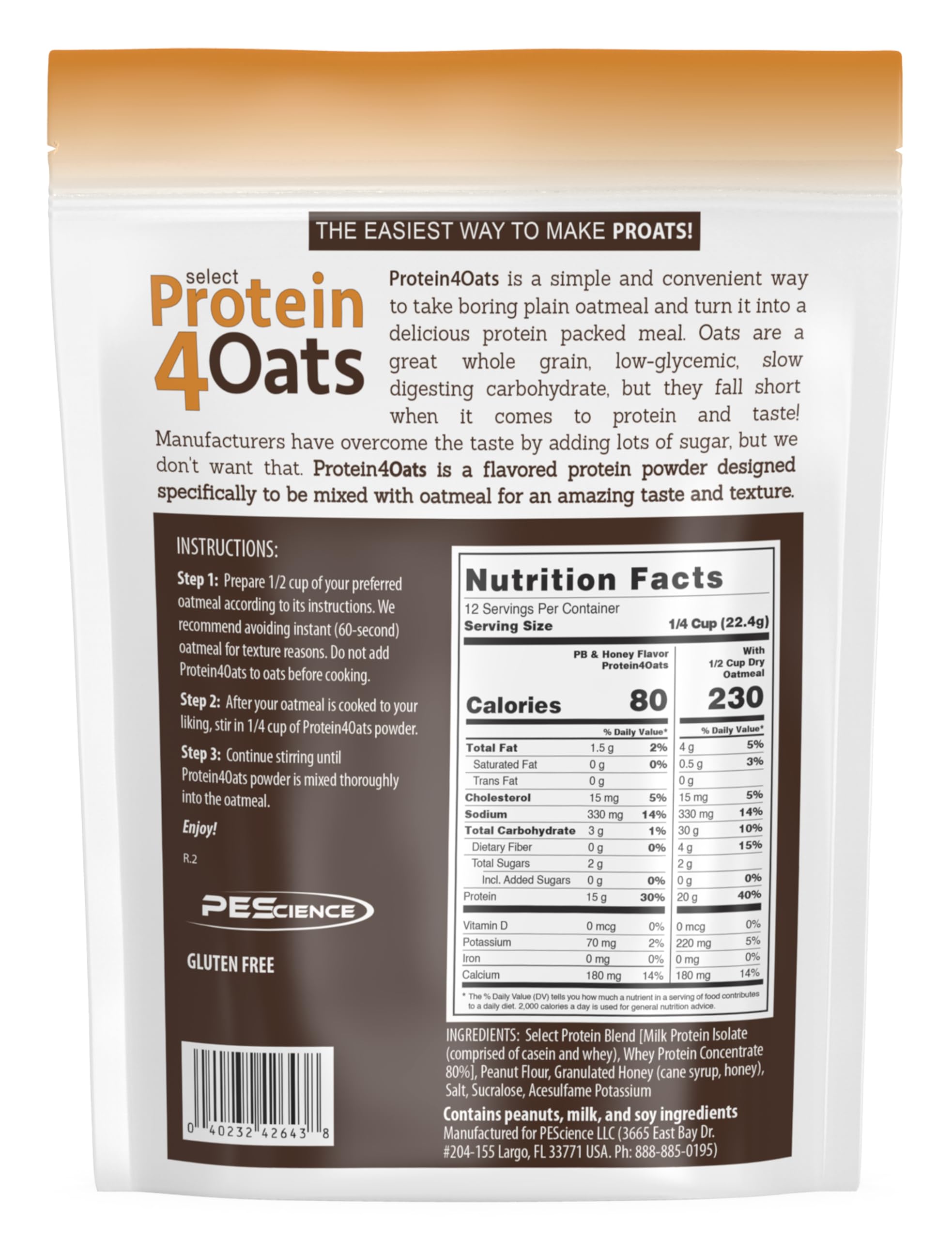 Escena de desayuno con PEScience Protein4Oats, utensilios y toppings para un desayuno práctico