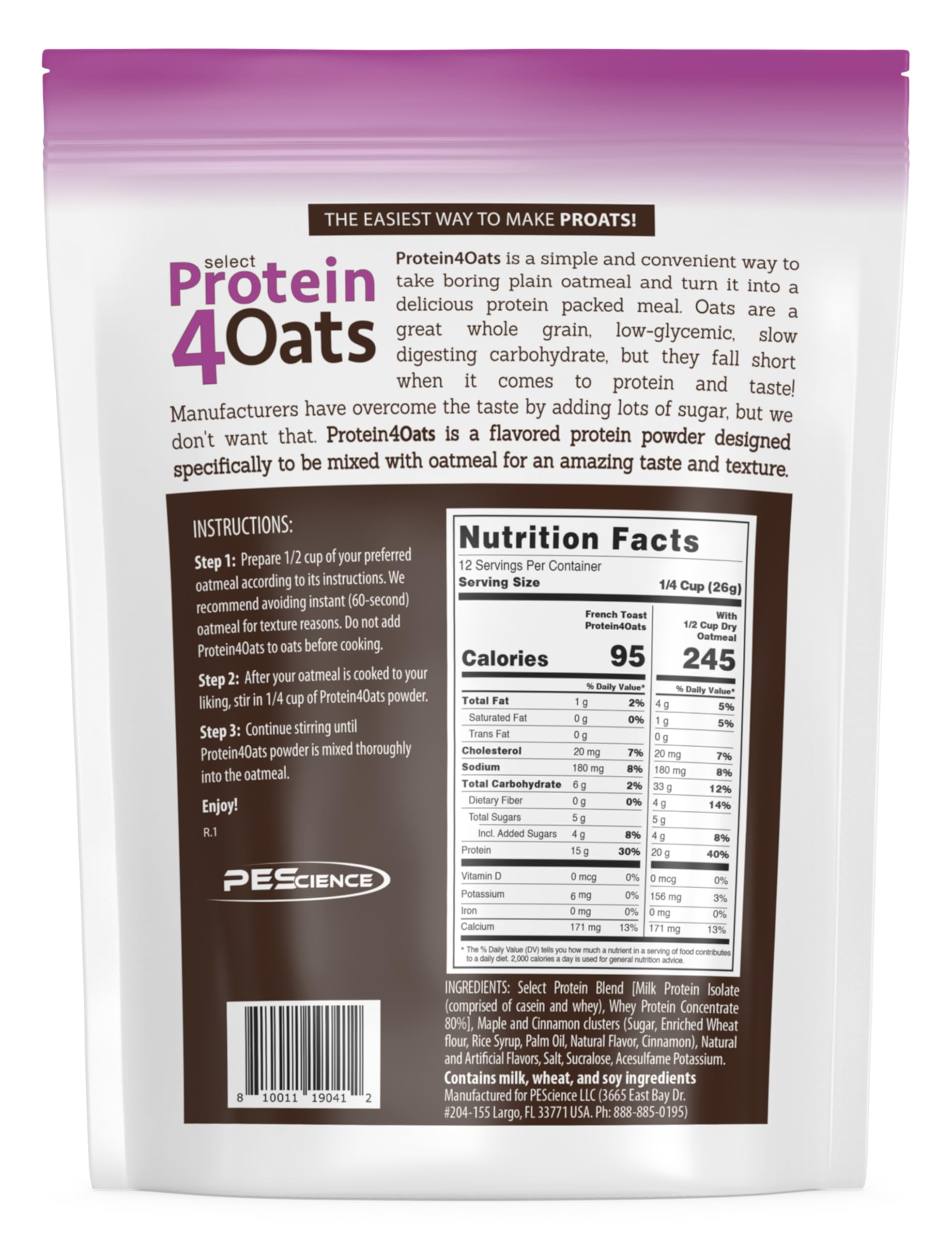 PEScience Protein4Oats etiqueta nutricional evidencia del aporte proteico y composición