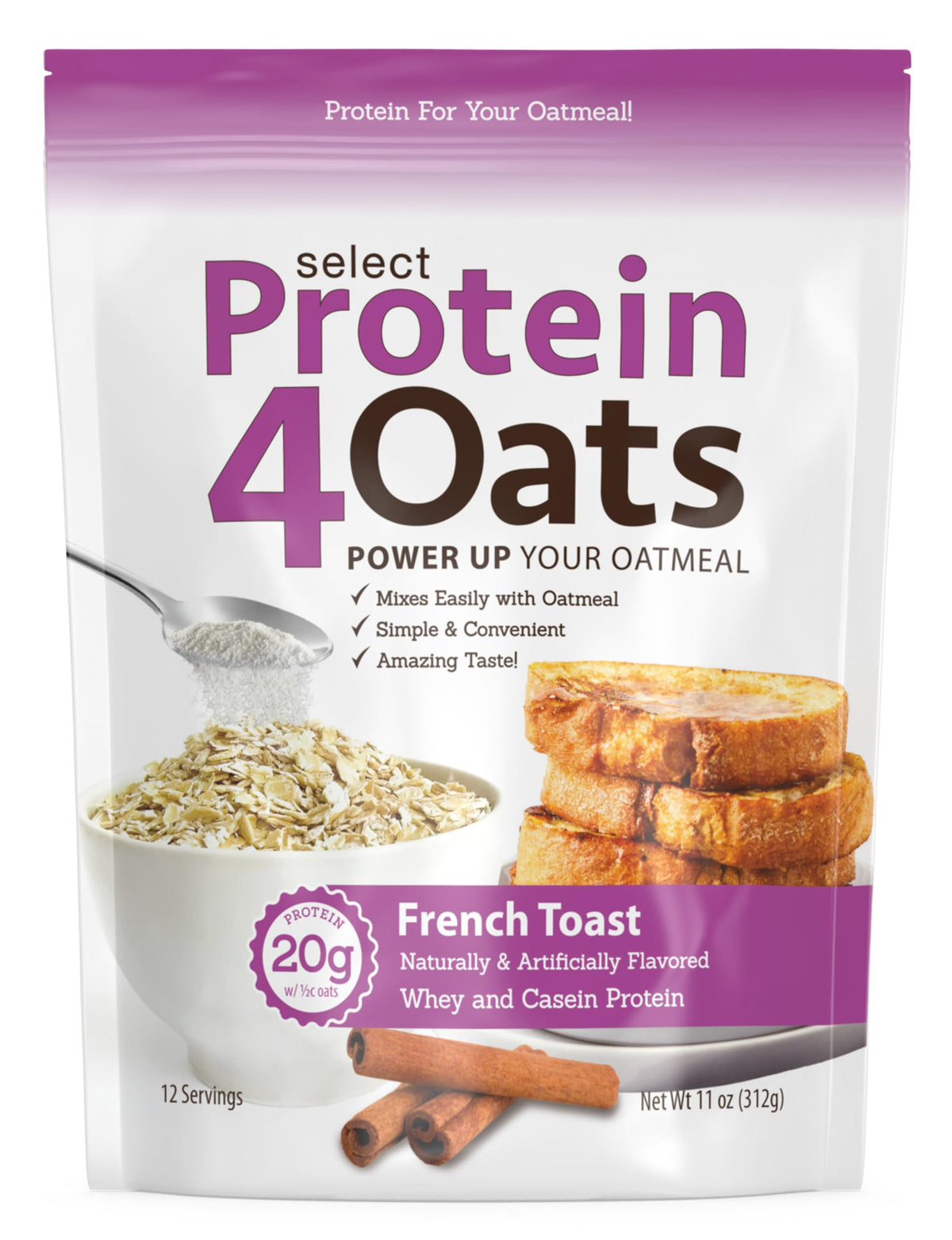 PEScience Protein4Oats frente del envase muestra sabor French Toast y atractivo visual