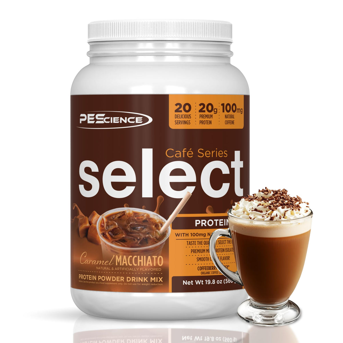 PEScience envase frontal Caramel Macchiato mostrando etiqueta clara y sabor