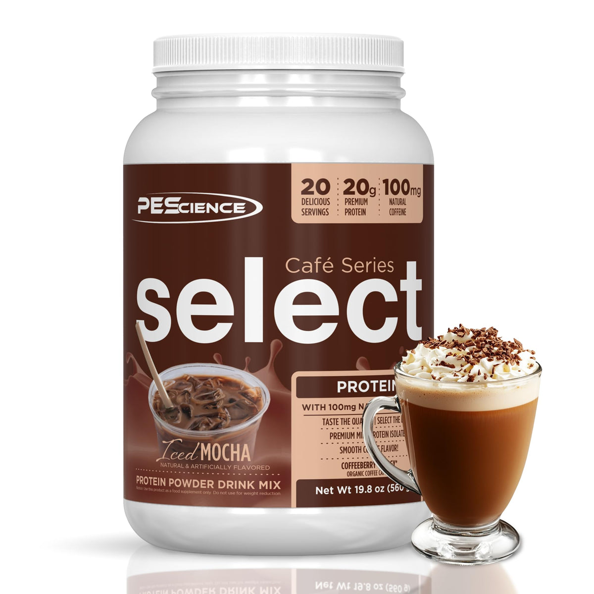 PEScience envase frontal Iced Mocha mostrando información y atractivo visual