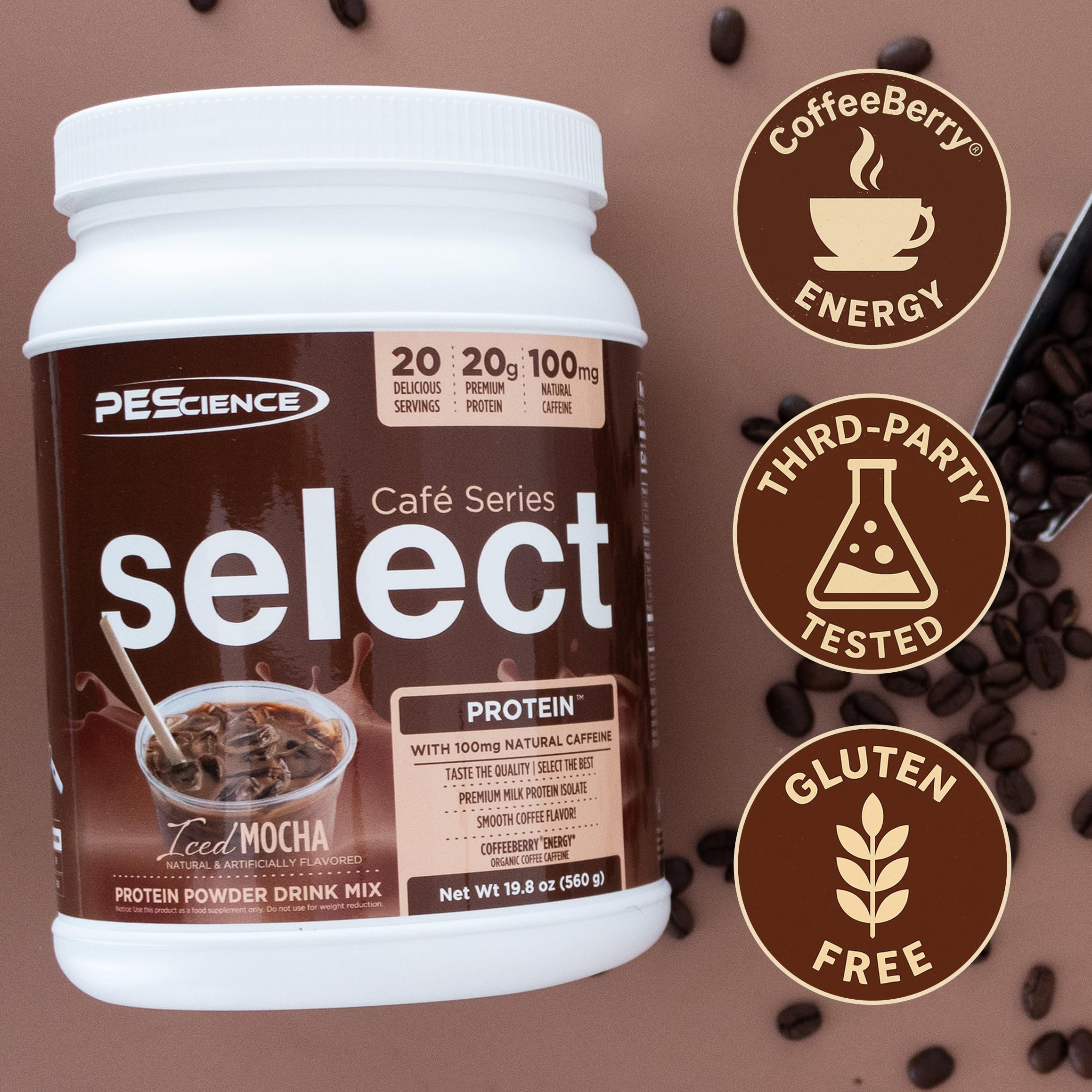 PEScience vaso con iced mocha preparado, refrescante y rico en proteína