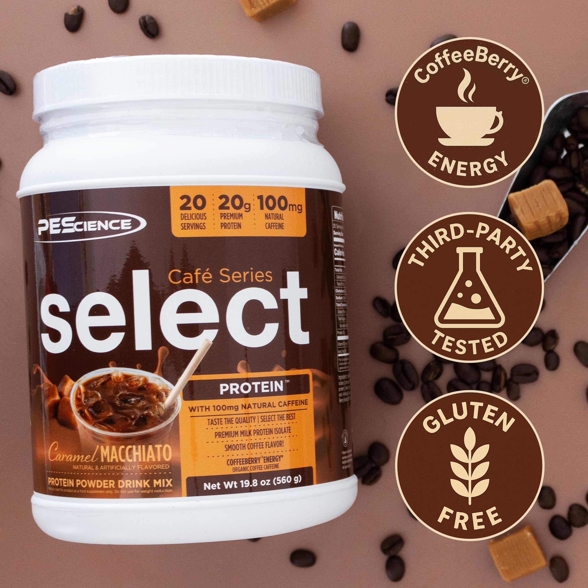 PEScience vaso con Select Cafe helado, refrescante y rico en proteína