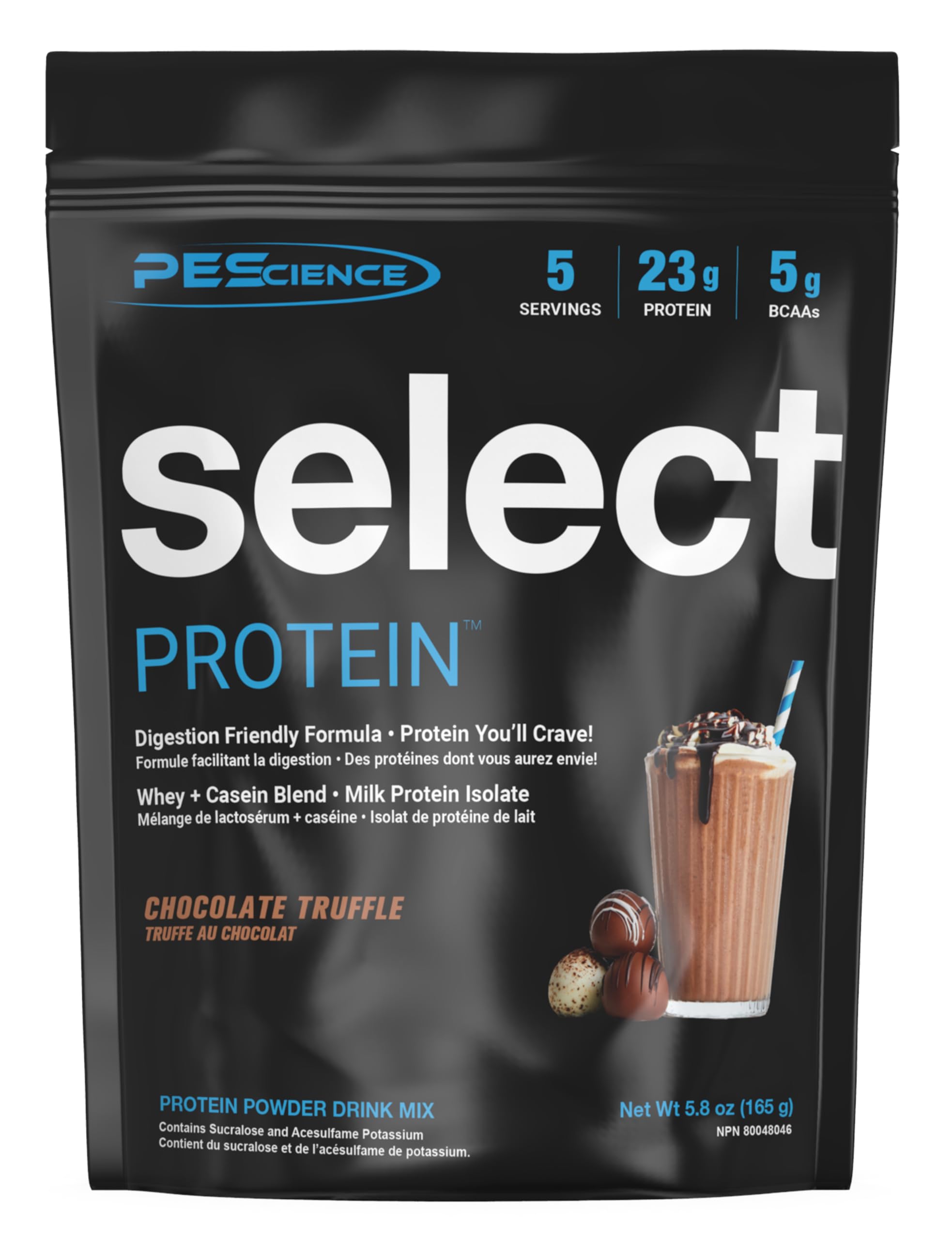 Primer plano de la etiqueta PEScience Select mostrando ingredientes transparentes