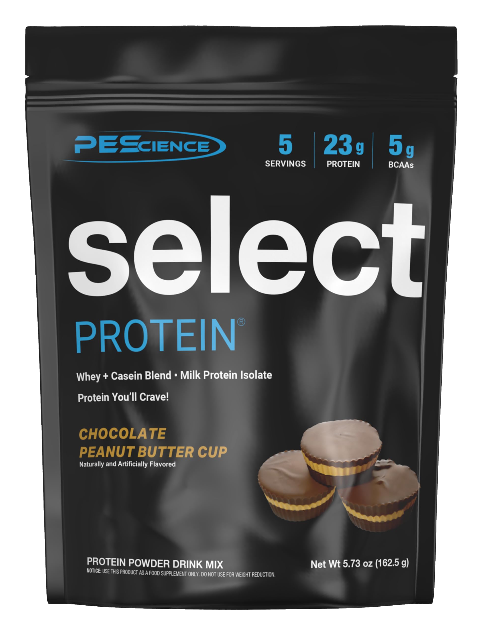 PEScience envase frontal chocolate peanut butter cup mostrando diseño y beneficio de sabor intenso