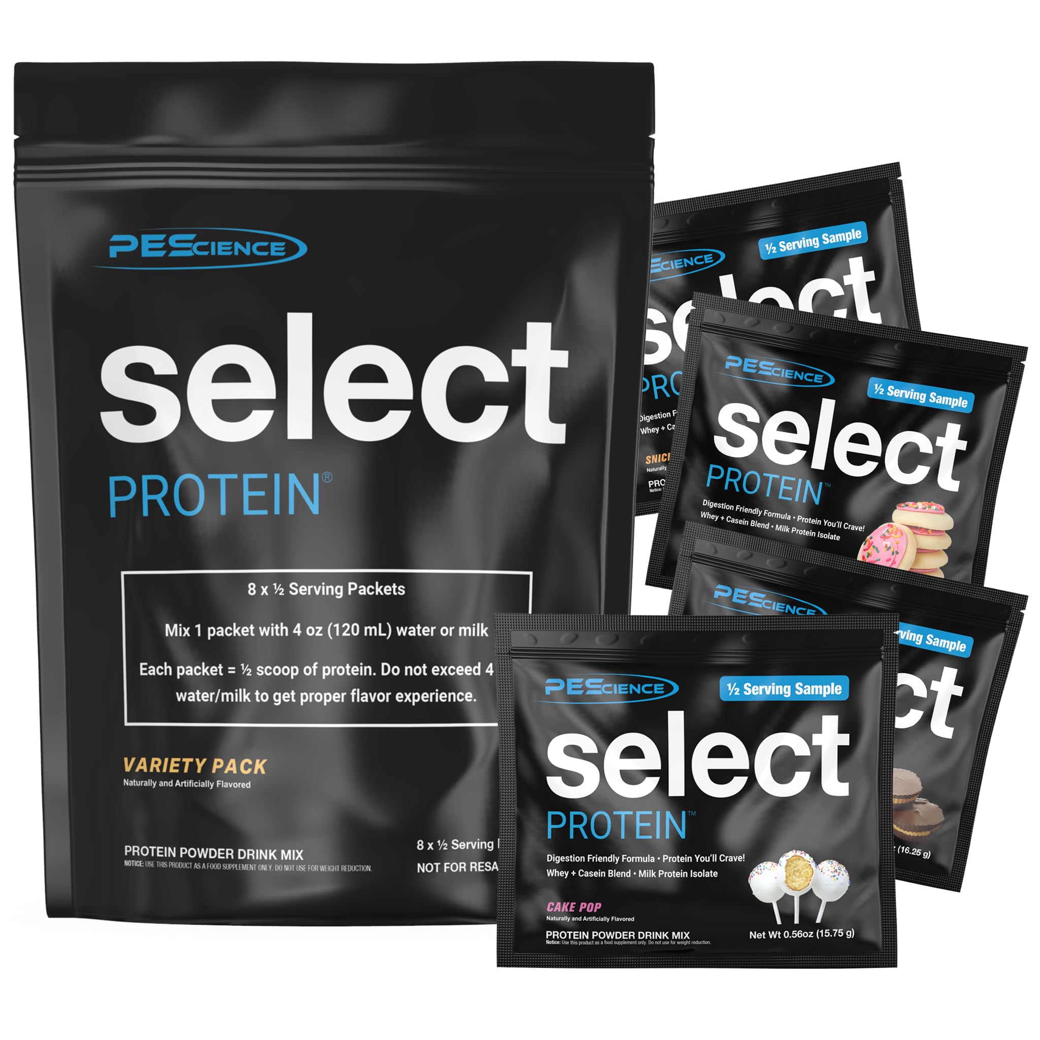 PEScience paquete frontal mostrando los 8 sobres y la variedad de sabores, ideal para probar