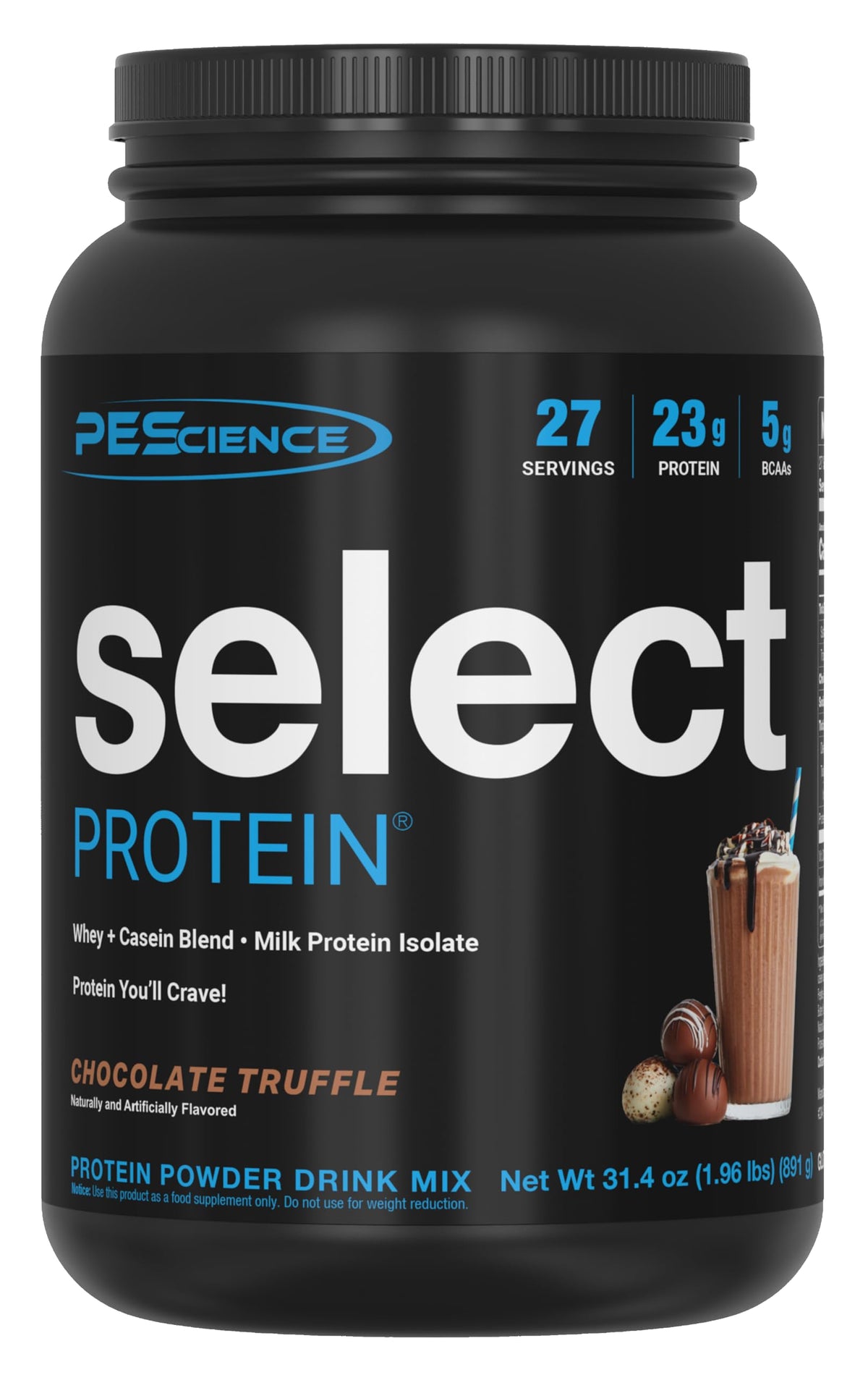 PEScience envase frontal mostrando sabor Chocolate Truffle y beneficios de proteína