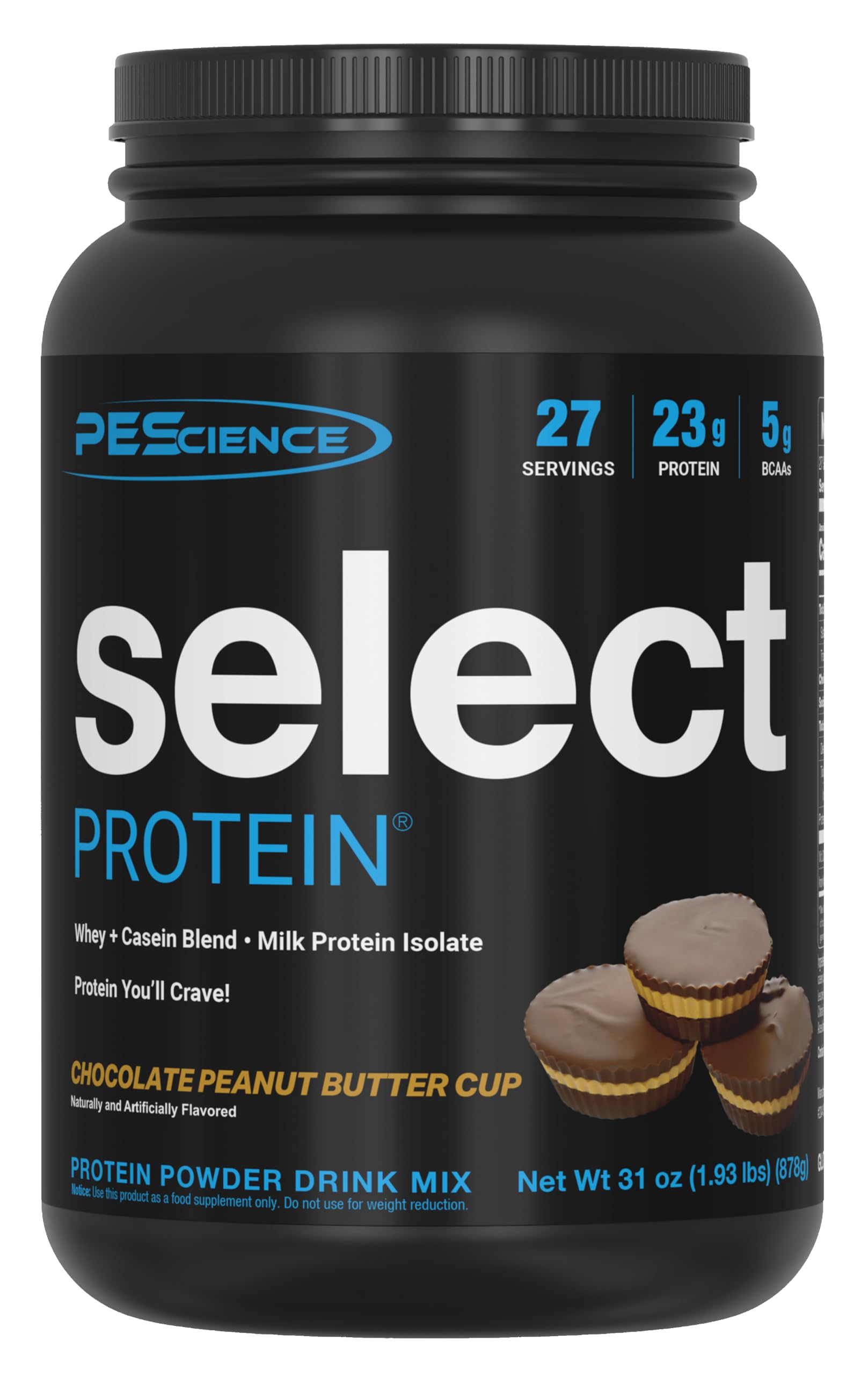 PEScience envase Select Protein Powder frente mostrando sabor Chocolate Peanut Butter Cup y beneficio de saciedad