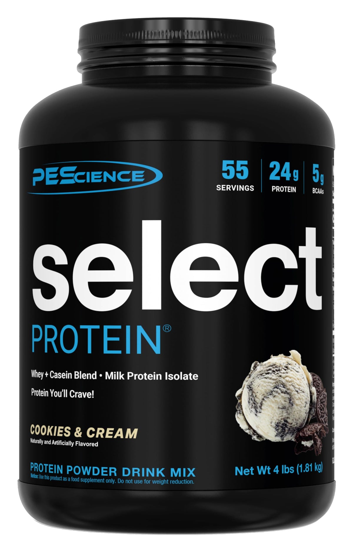 PEScience envase frontal Cookies & Cream mostrando porciones y beneficios