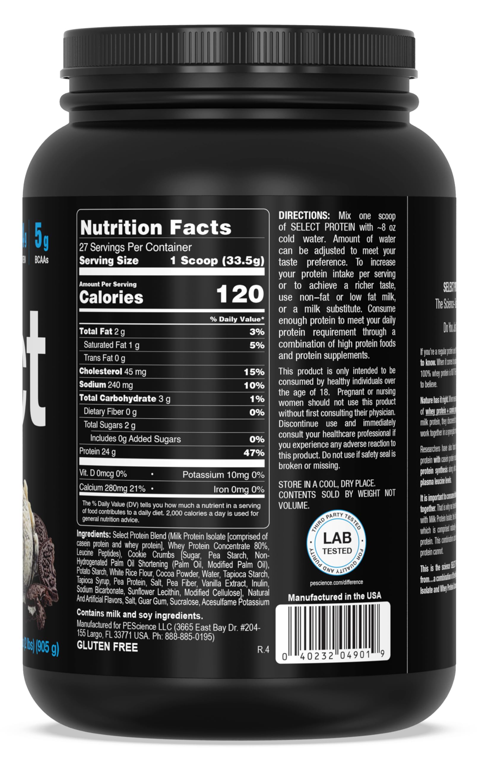 PEScience cucharada medida frente a mano, Select Protein muestra proporción por ración exacta