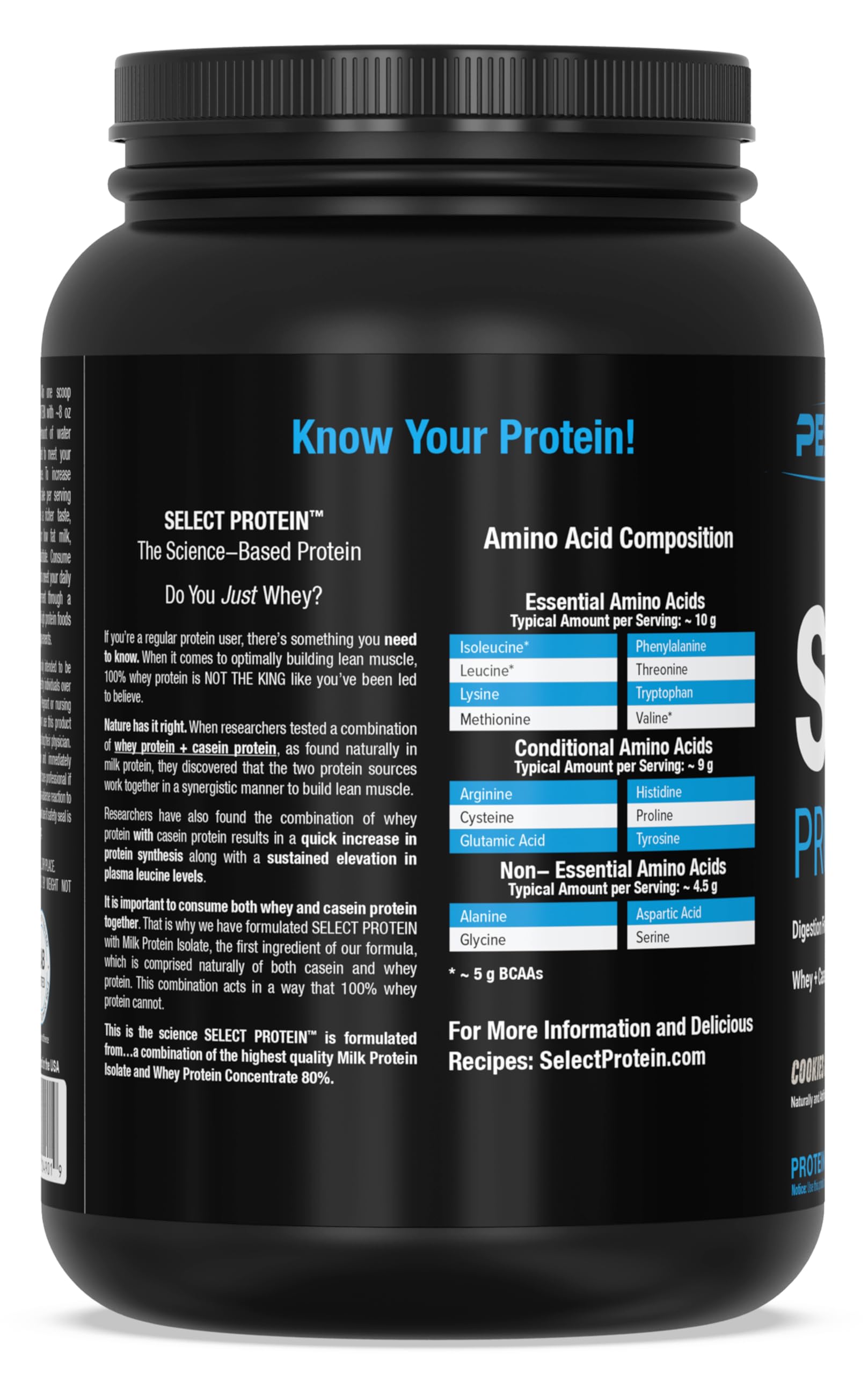 PEScience etiqueta nutricional de Select Protein, detalle de 24g proteína y 27 servicios