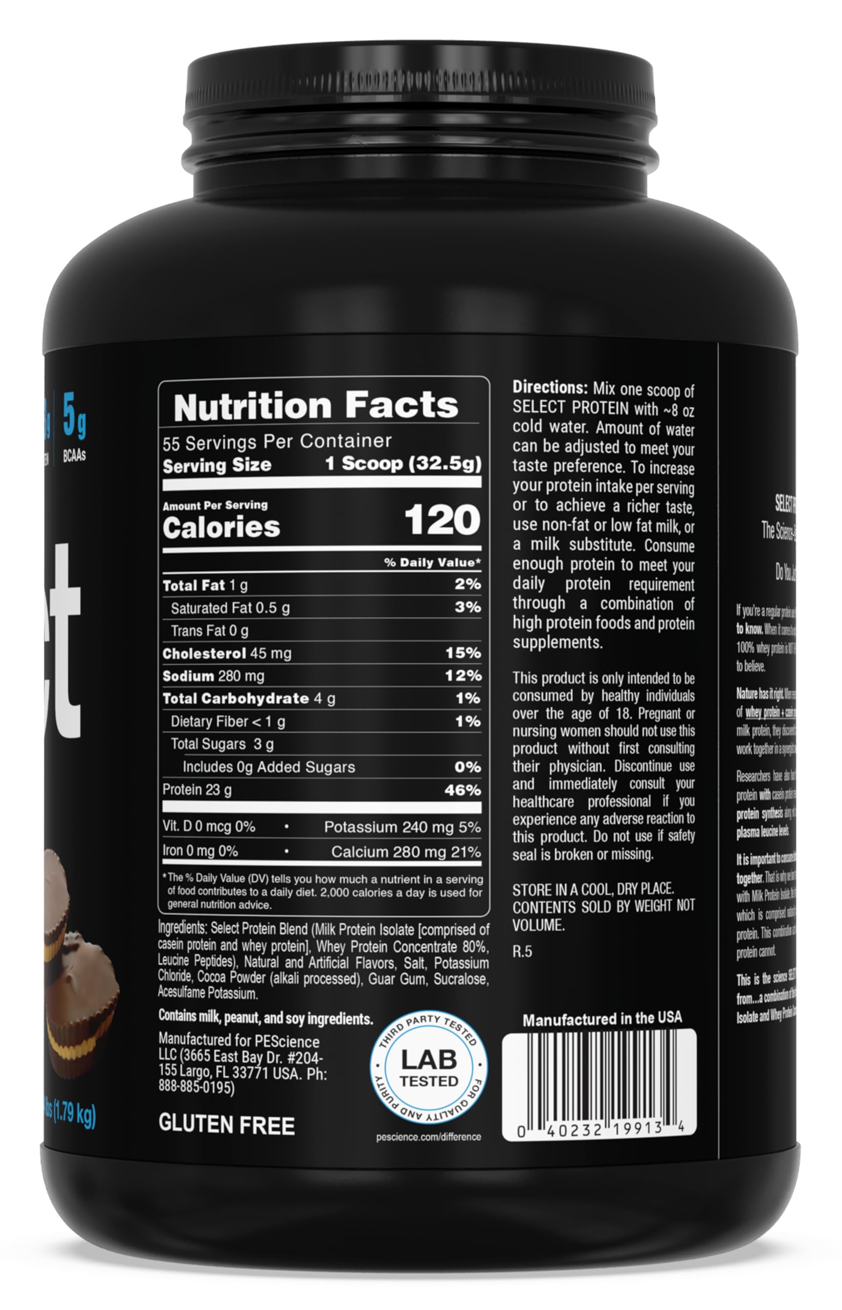 Etiqueta nutricional PEScience Select mostrando 23 g proteína y declaraciones de pruebas de laboratorio