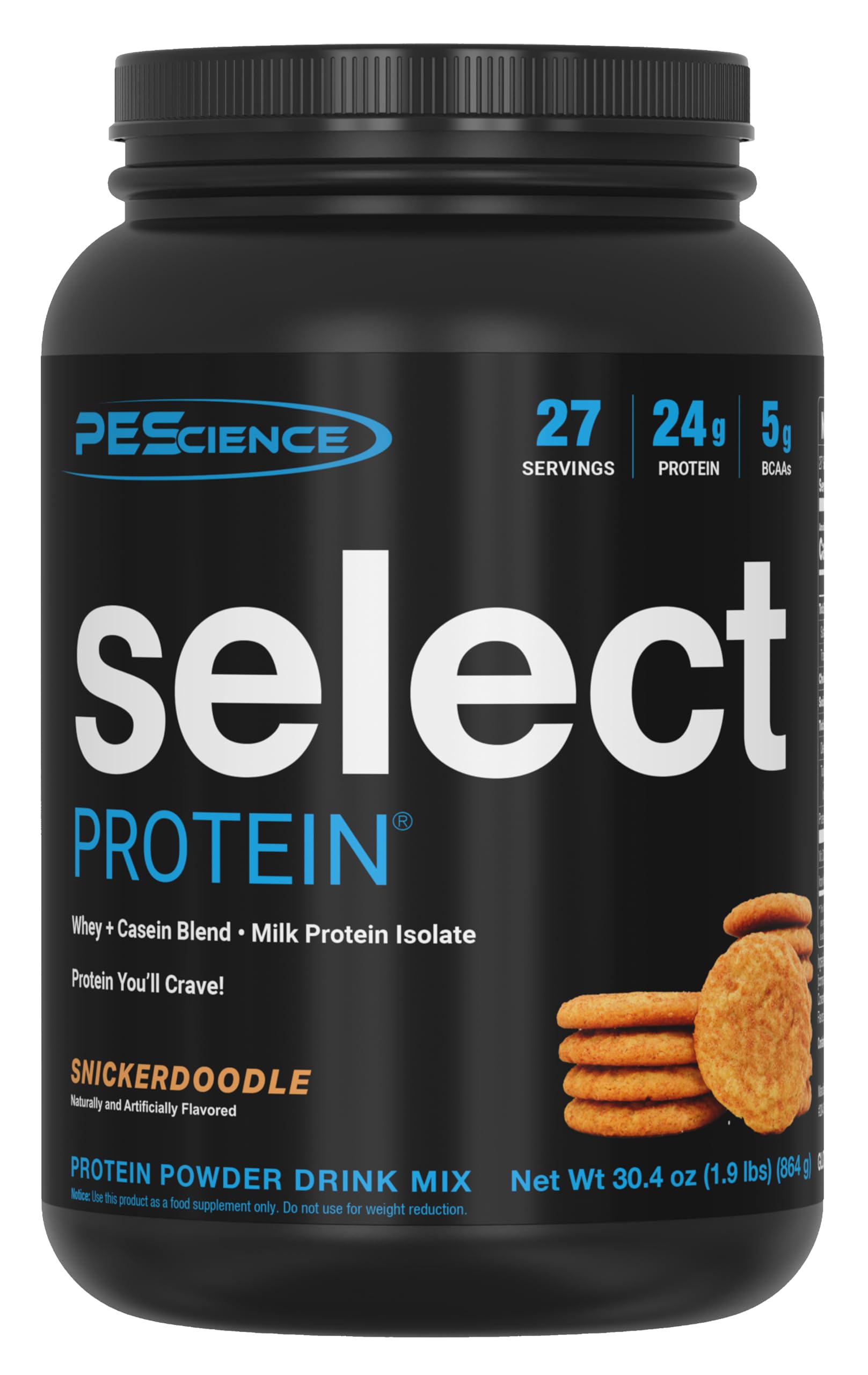 PEScience envase Select Protein Snickerdoodle mostrando la presentación y beneficio de sabor