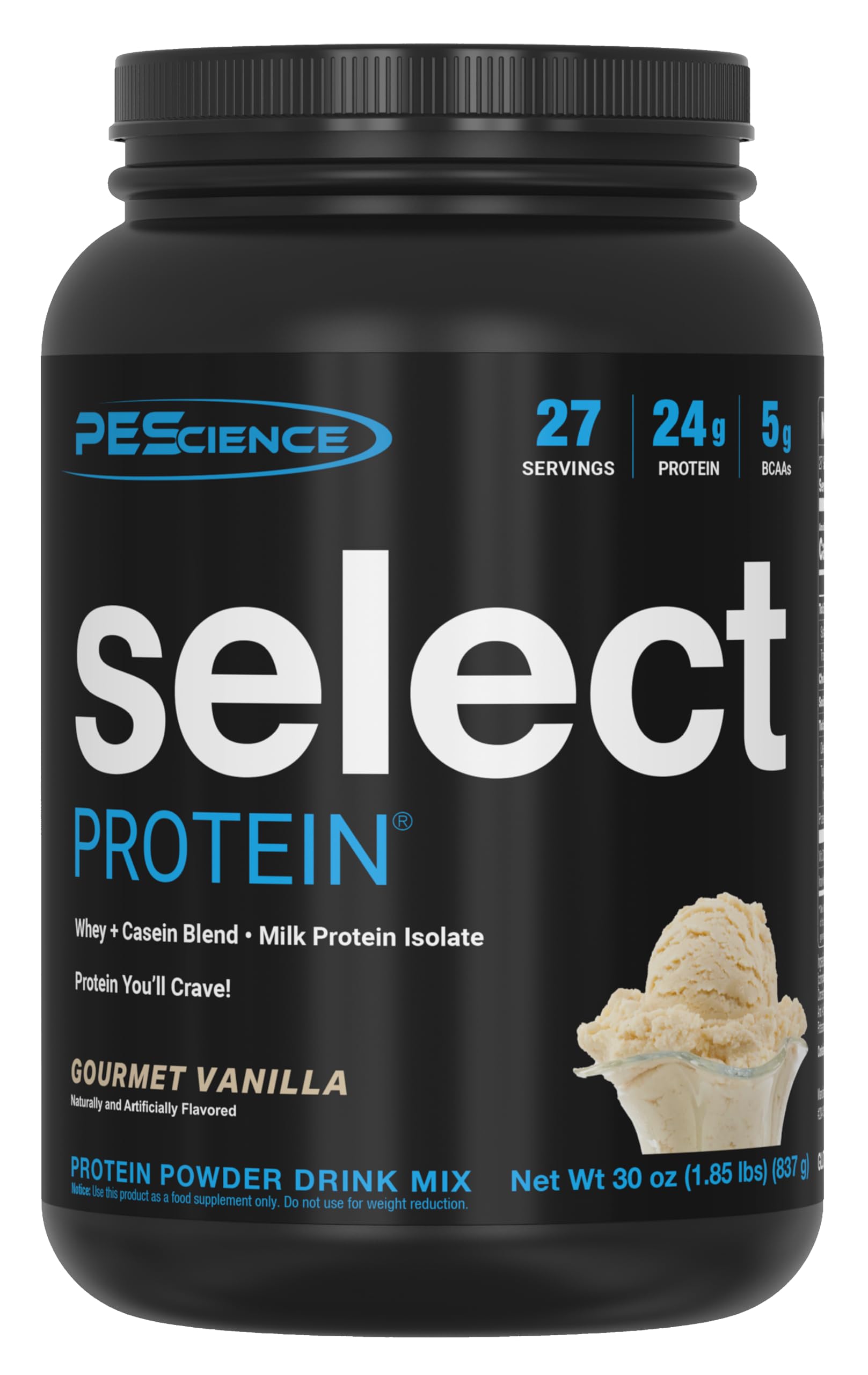 PEScience envase frontal con sabor Gourmet Vanilla mostrando diseño y beneficio de sabor superior