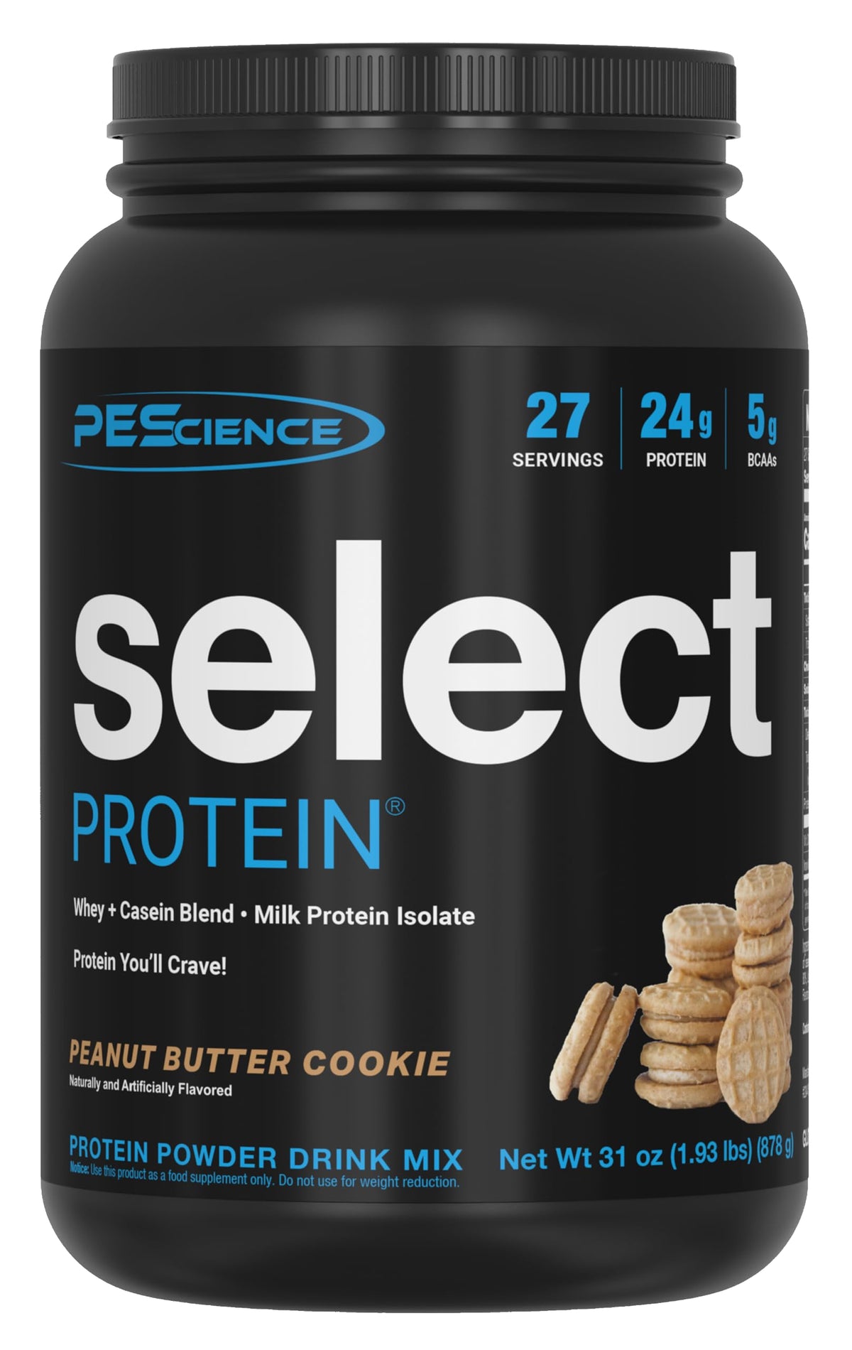 PEScience envase Select Protein vista frontal con sabor Peanut Butter Cookie y atractivo visual