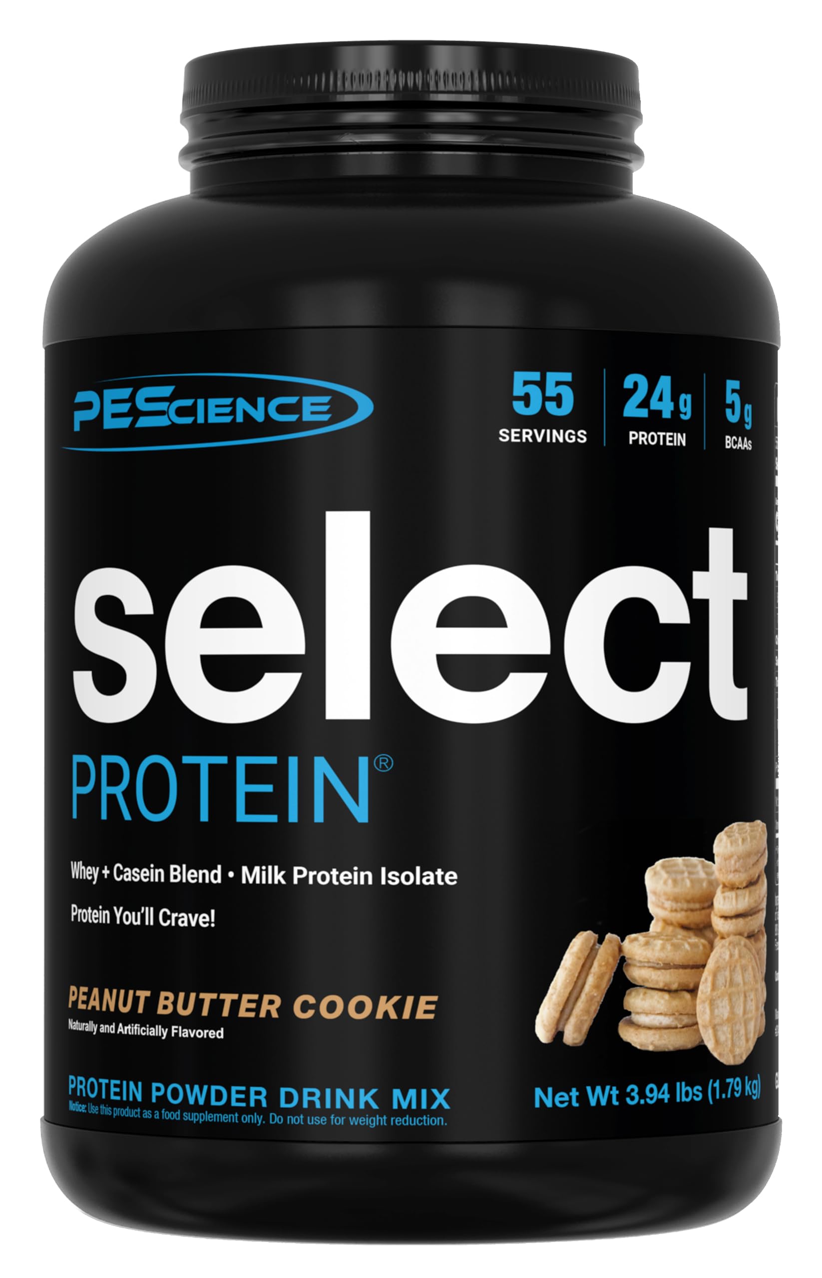 PEScience envase frontal Peanut Butter Cookie con información de sabor y servicios