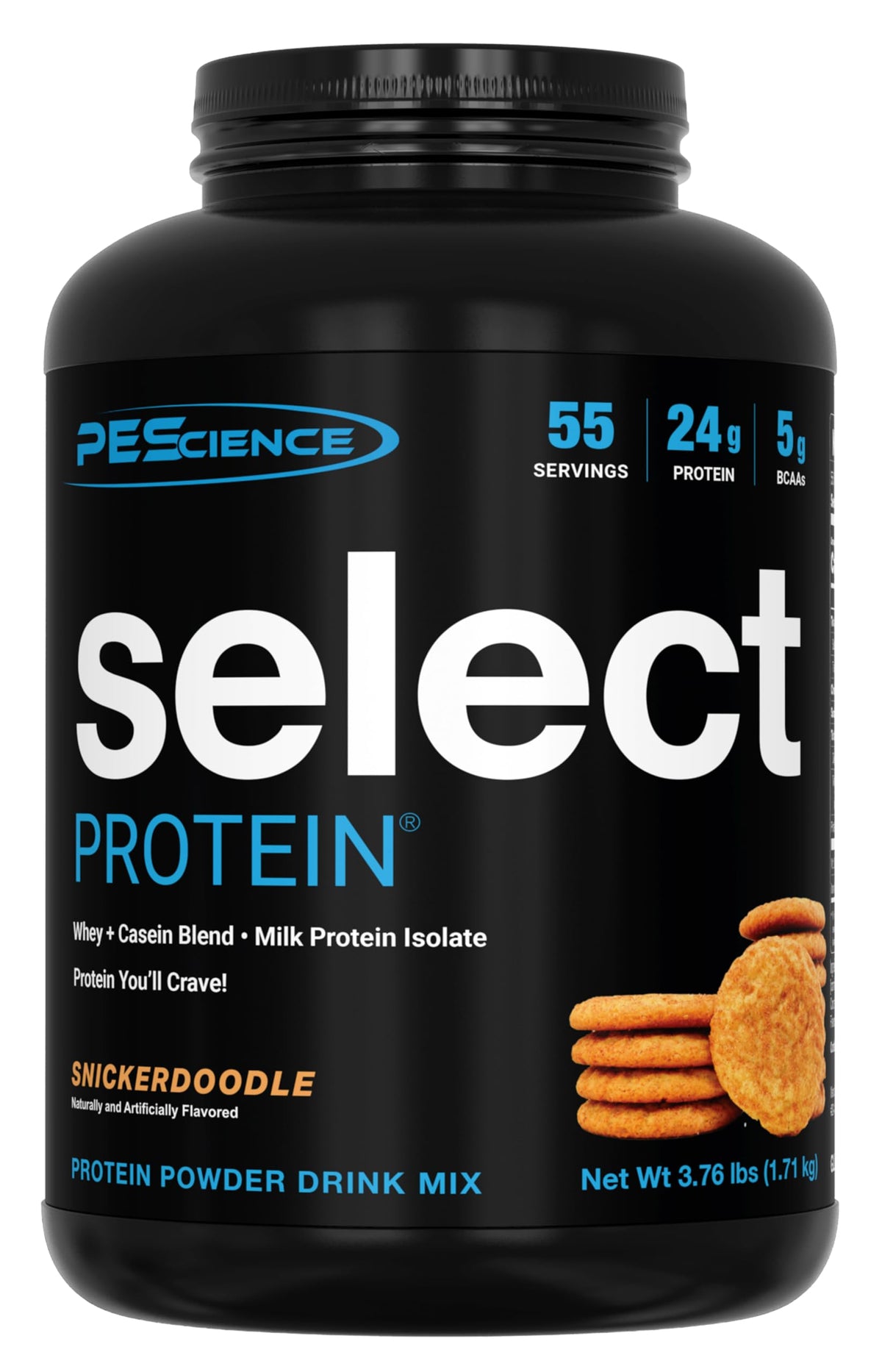 PEScience envase frontal Snickerdoodle mostrando diseño y porciones