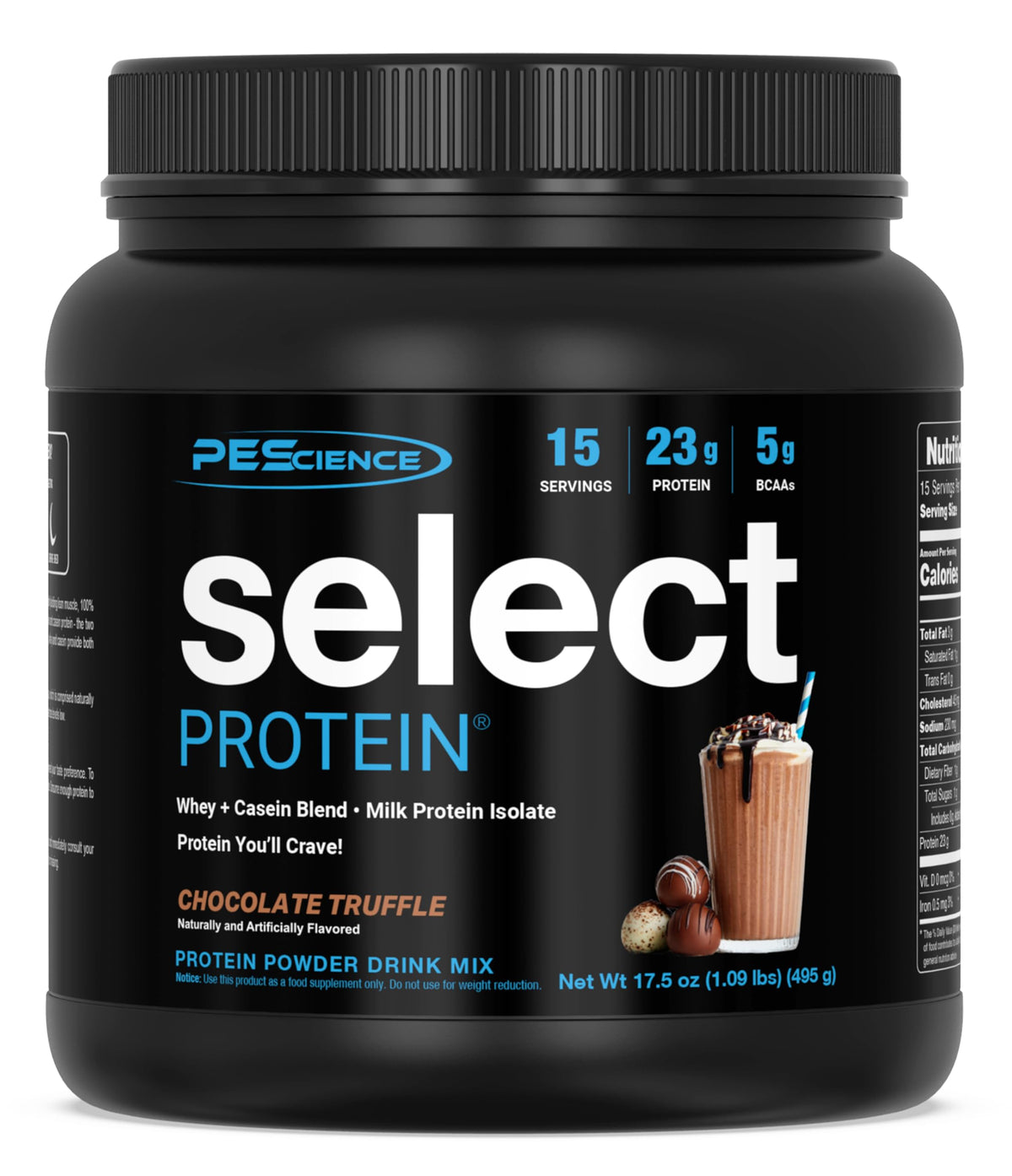 PEScience envase frontal Chocolate Truffle mostrando etiqueta y porciones