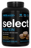 PEScience envase Select Protein frente mostrando sabor Chocolate Peanut Butter Cup y beneficio sabor realista