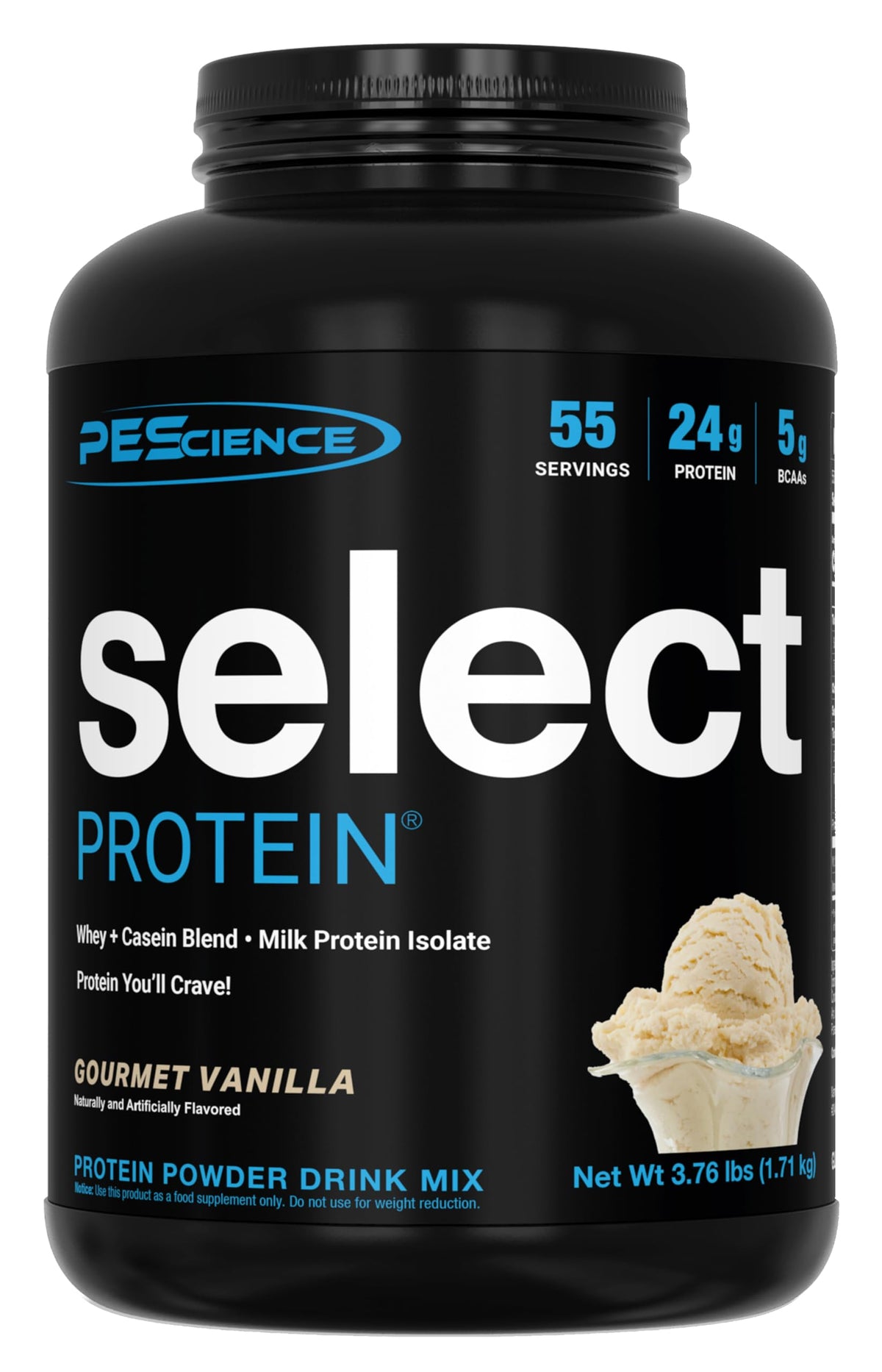 PEScience envase frontal de Select Protein mostrando sabor Gourmet Vanilla y tamaño