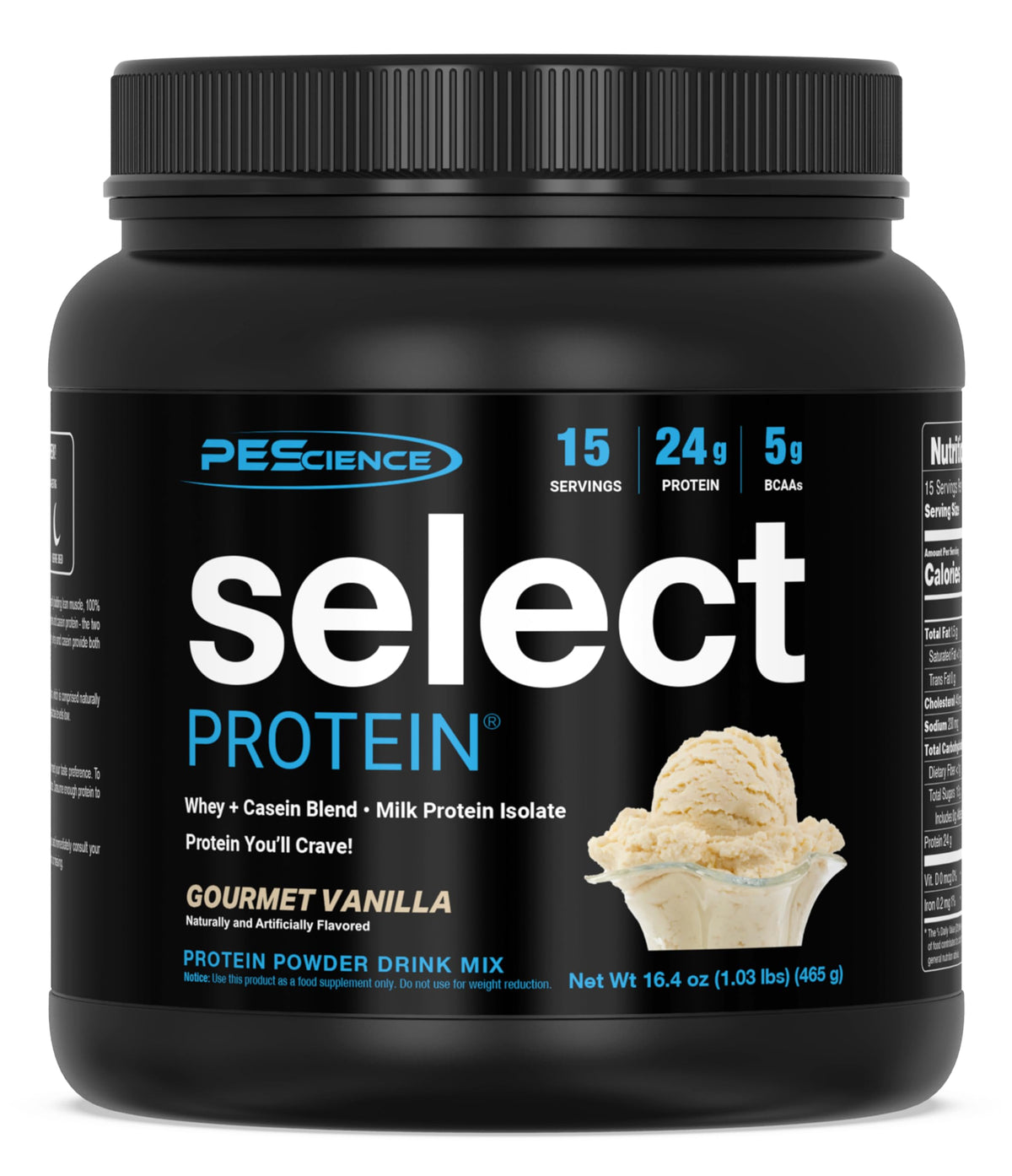 PEScience envase frontal Gourmet Vanilla mostrando el diseño y tamaño