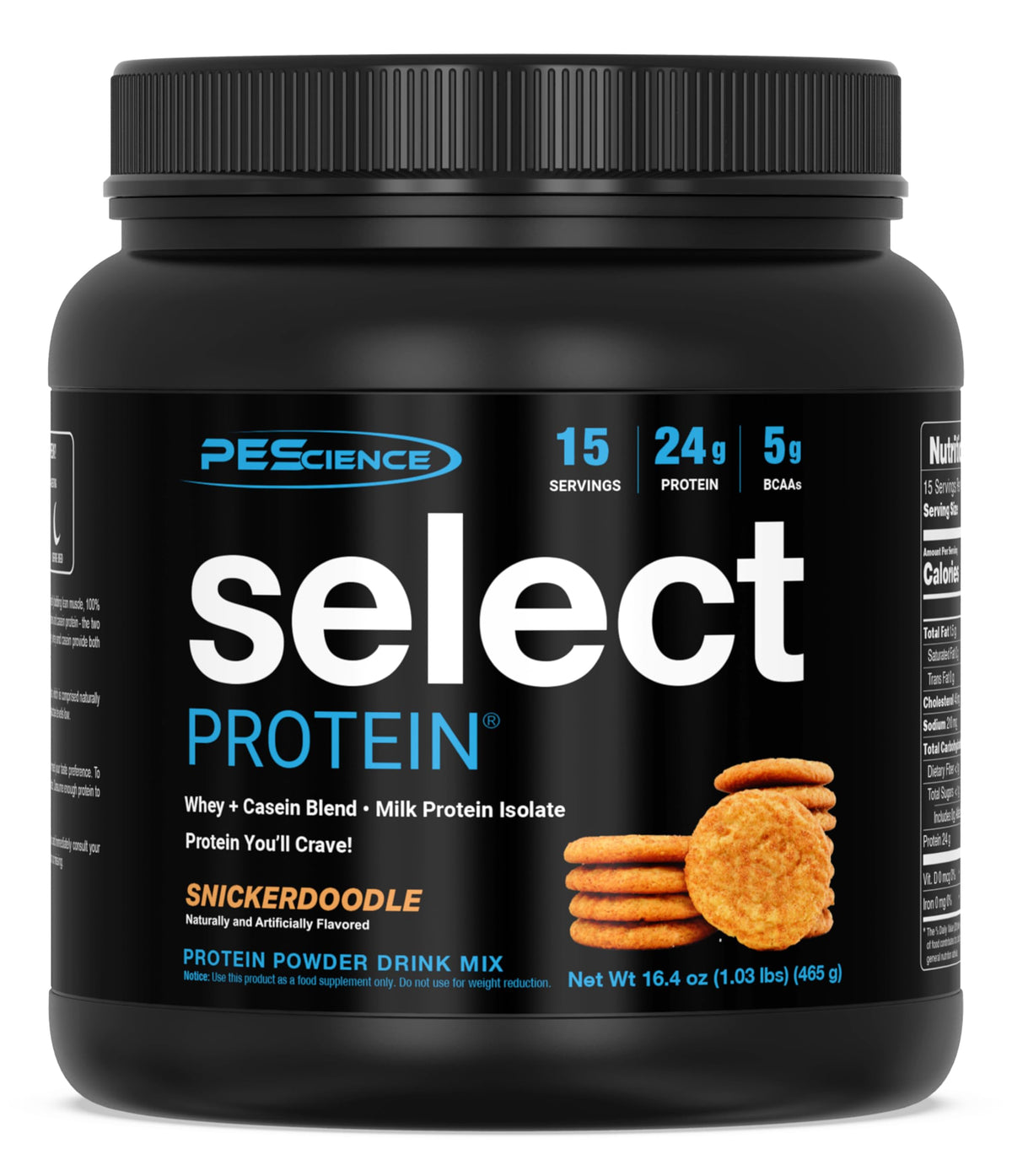 PEScience Select Protein envase frontal mostrando sabor Snickerdoodle y beneficio de alto sabor