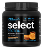 PEScience Select Protein envase frontal mostrando sabor Snickerdoodle y beneficio de alto sabor