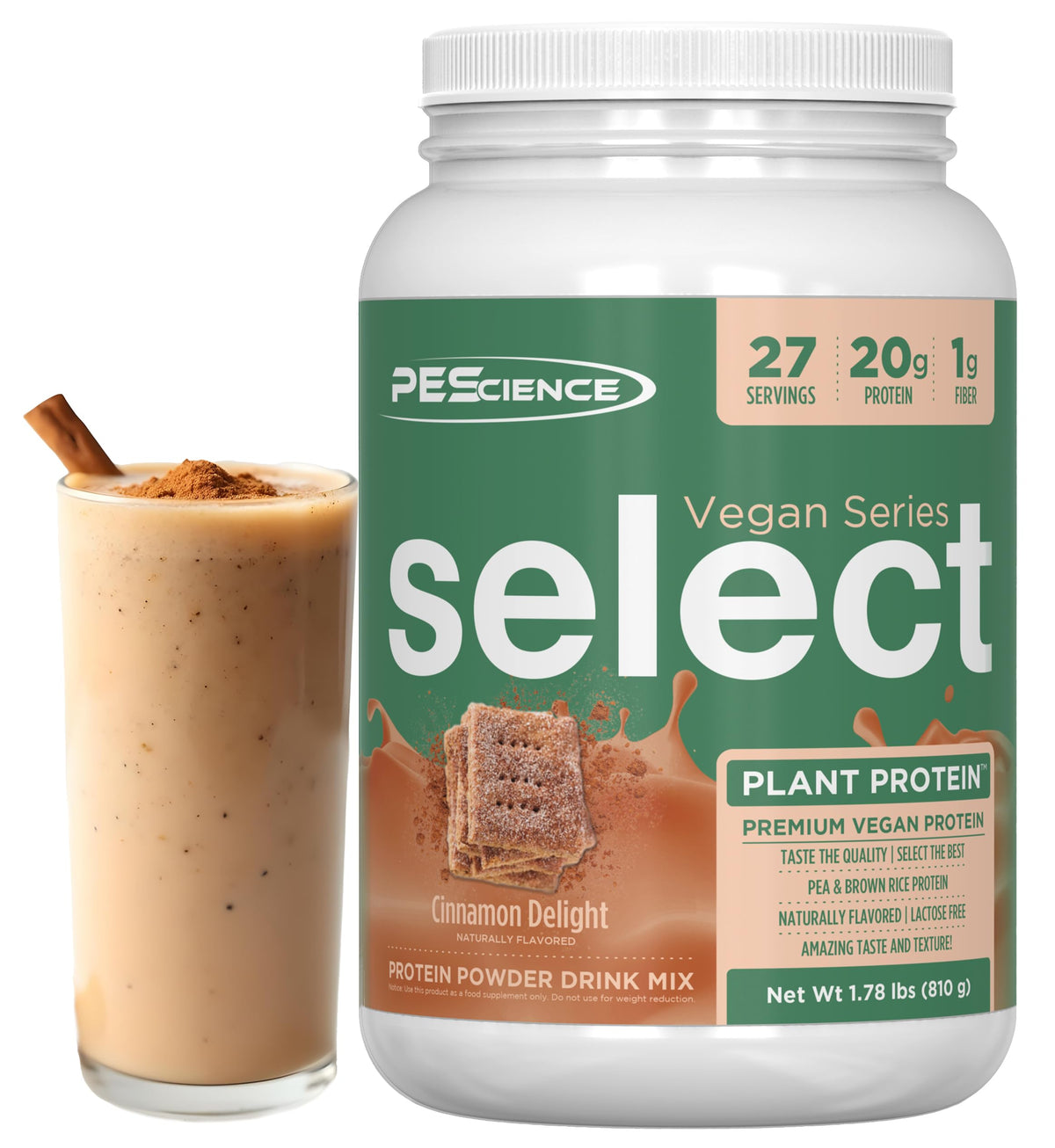 PEScience envase frontal mostrando sabor Cinnamon Delight y beneficio de sabor