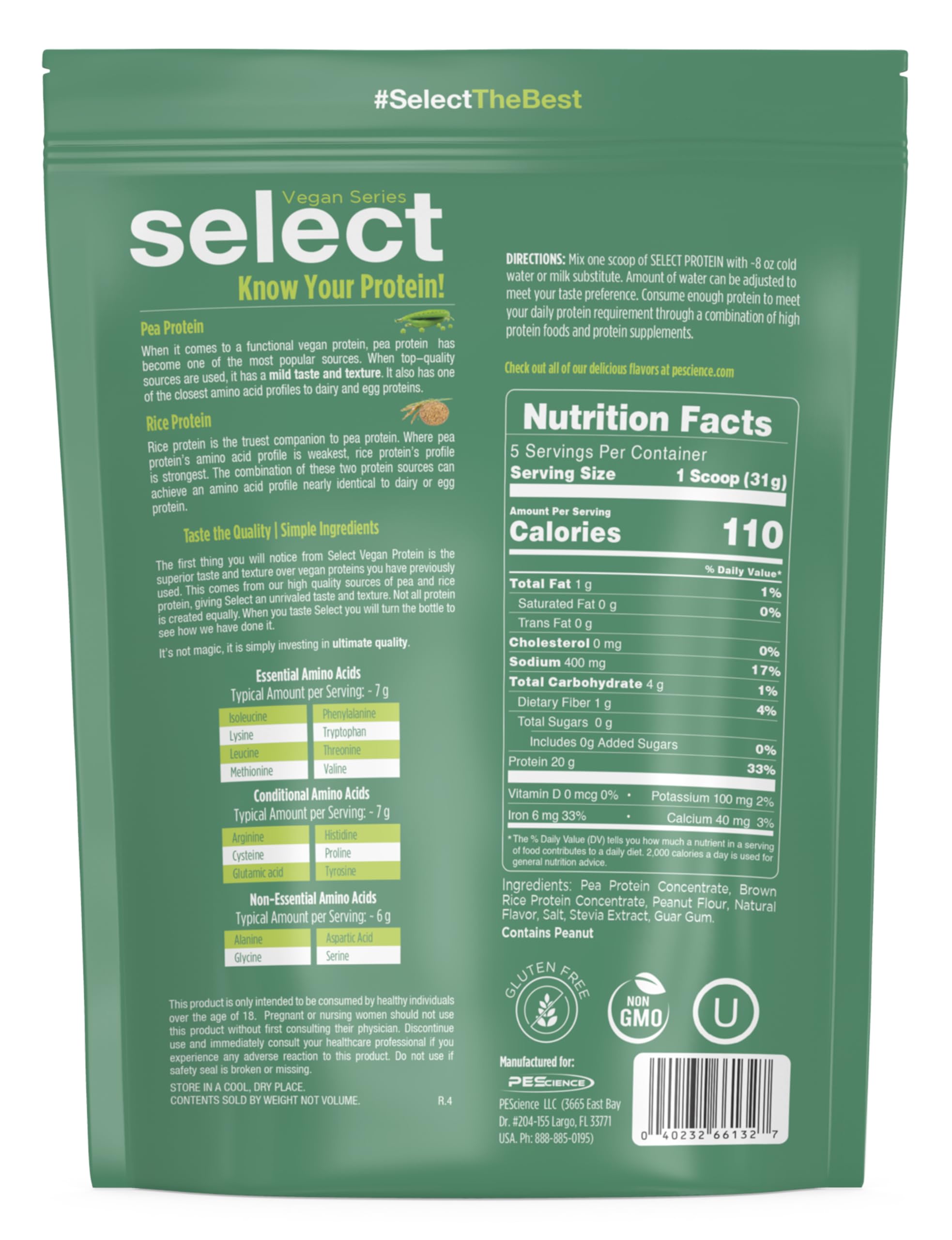PEScience ingredientes guisante y arroz integral, perfil proteico equilibrado