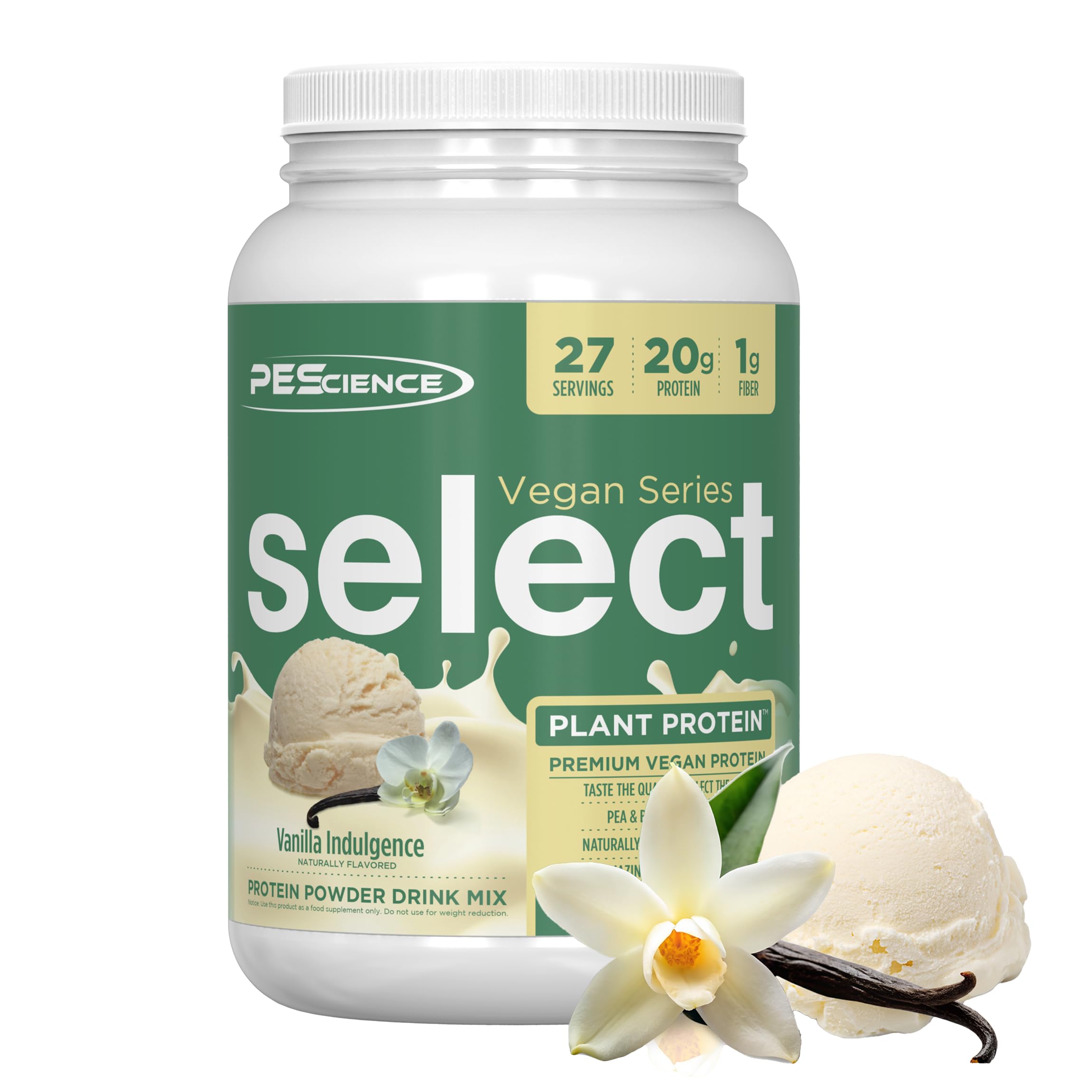 PEScience frente del empaque mostrando sabor Vanilla Indulgence y beneficios