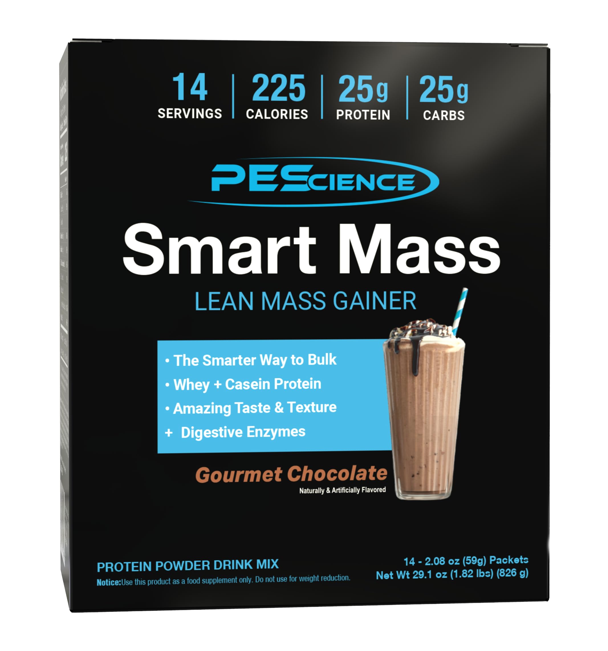 PEScience Smart Mass frente del empaque mostrando conveniencia y porciones