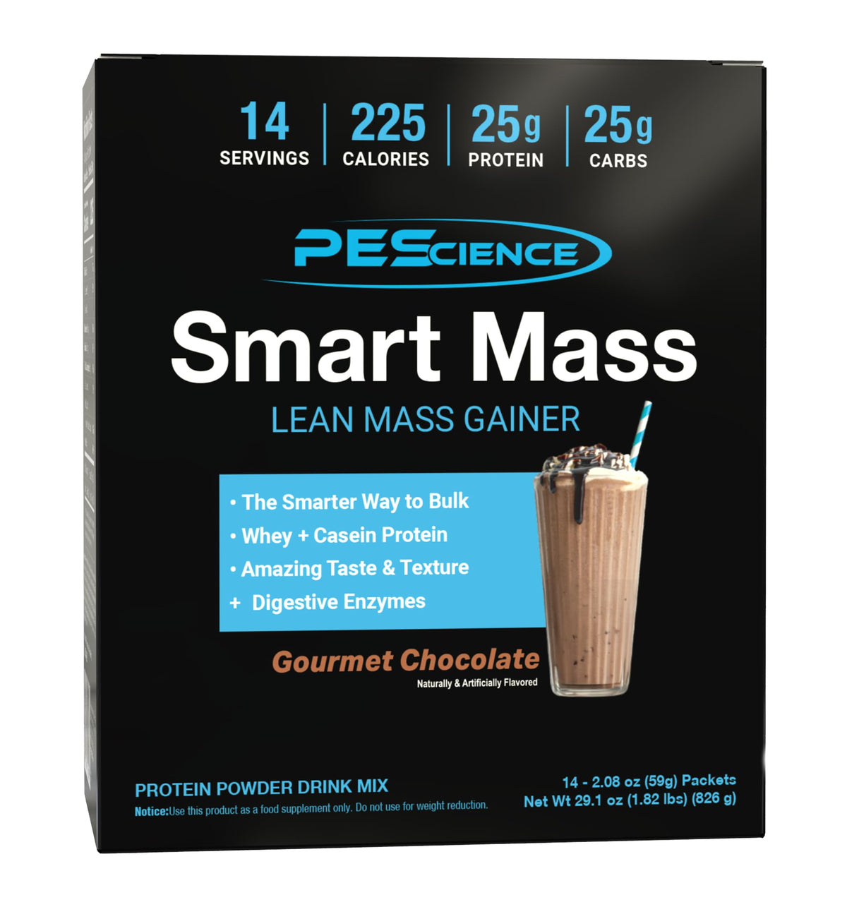 PEScience Smart Mass frente del empaque mostrando conveniencia y porciones