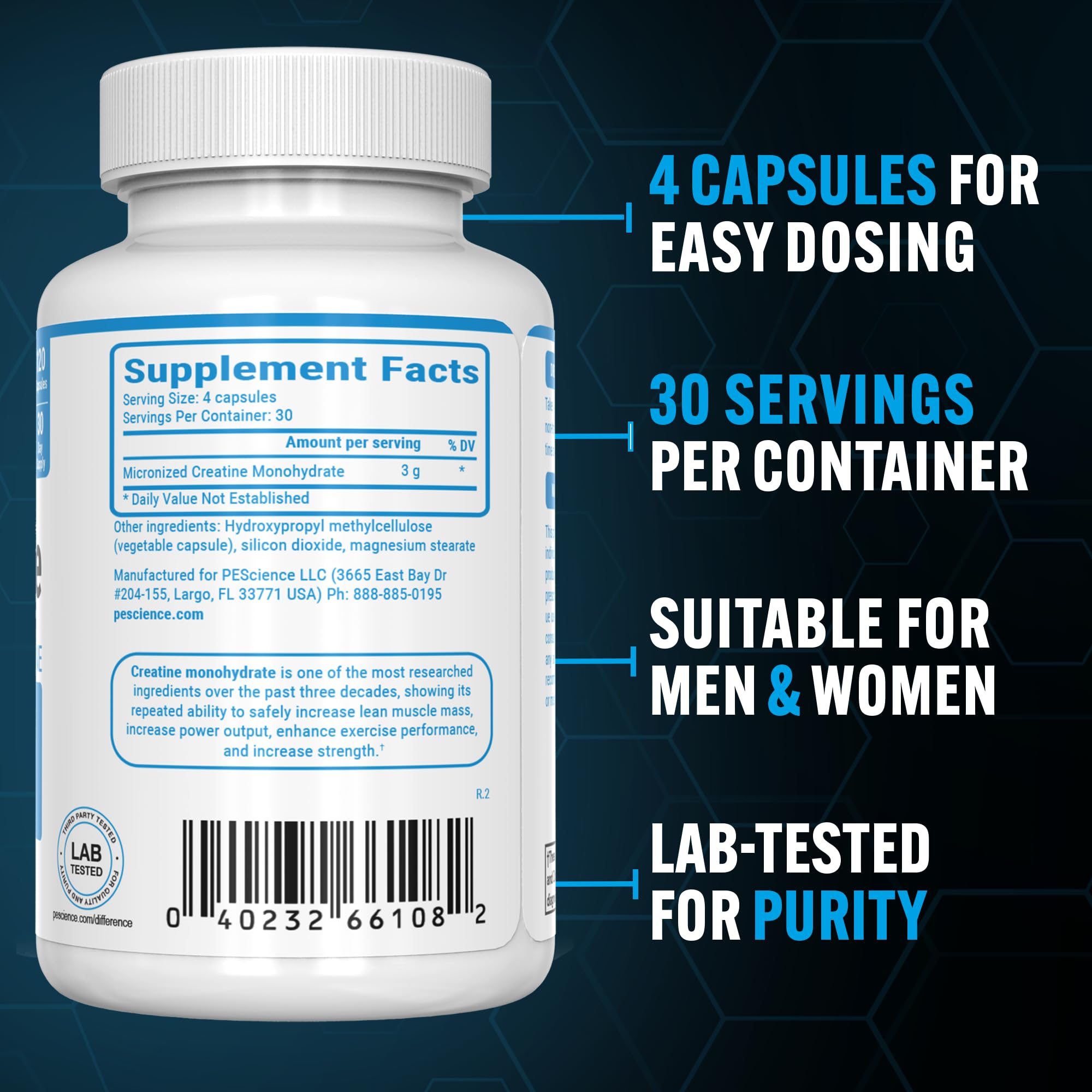 PEScience TruCreatine cuatro cápsulas en mano para dosificación práctica
