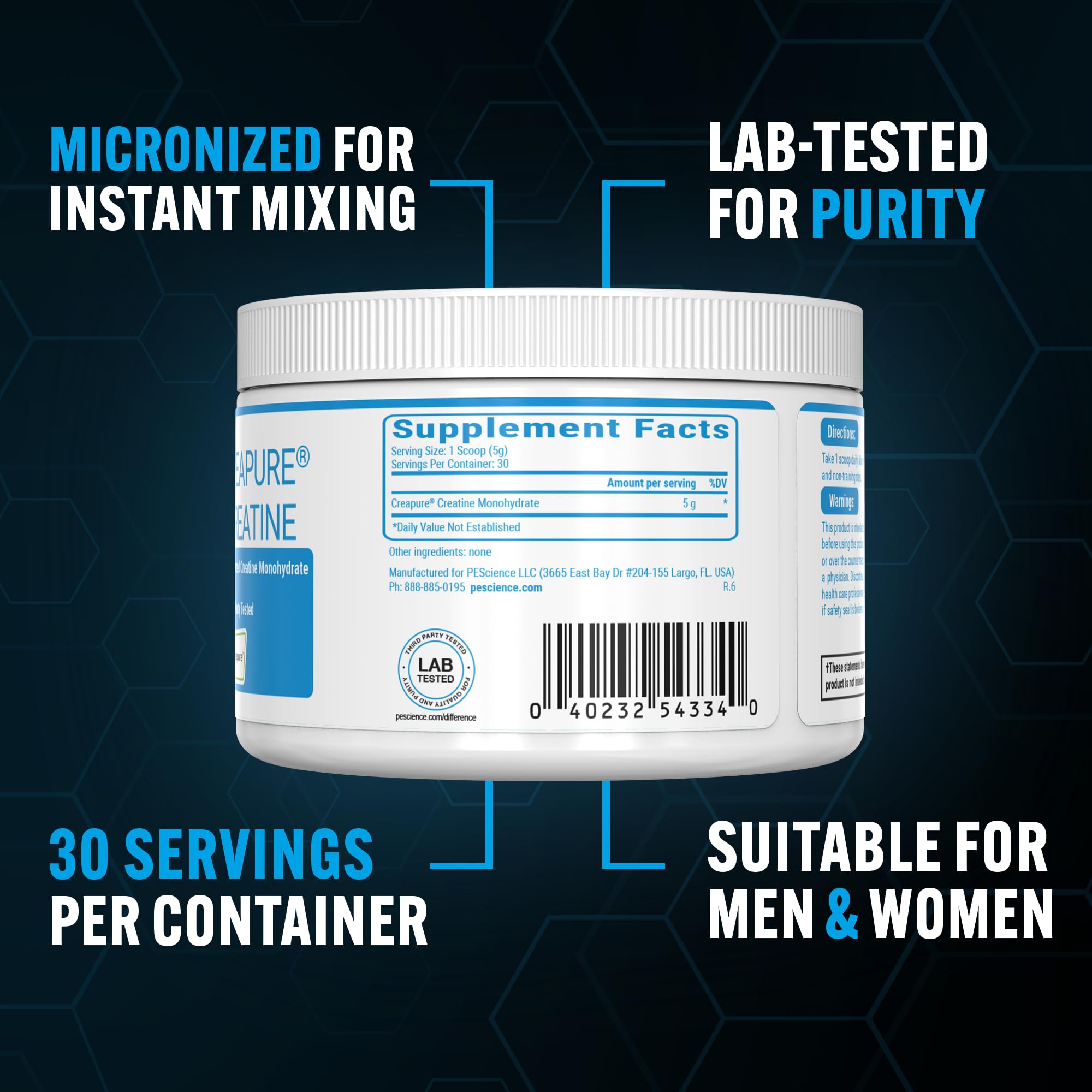 PEScience TruCreatine+ junto a cuchara medidora para comparar porciones