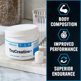 PEScience polvo micronizado TruCreatine+ mostrando textura fina y mezcla fácil