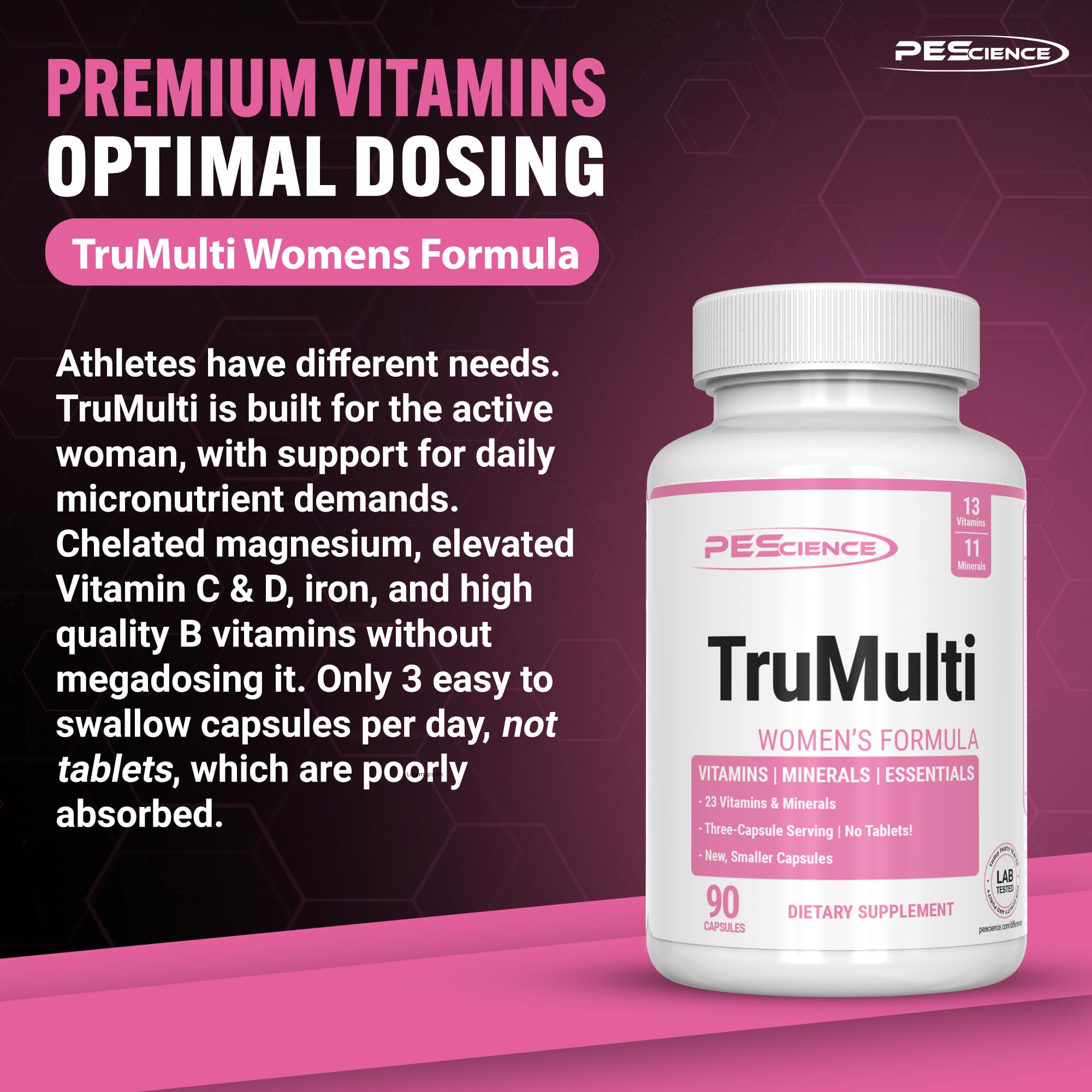PEScience TruMulti cápsulas en mano, detalle del tamaño y facilidad de ingesta