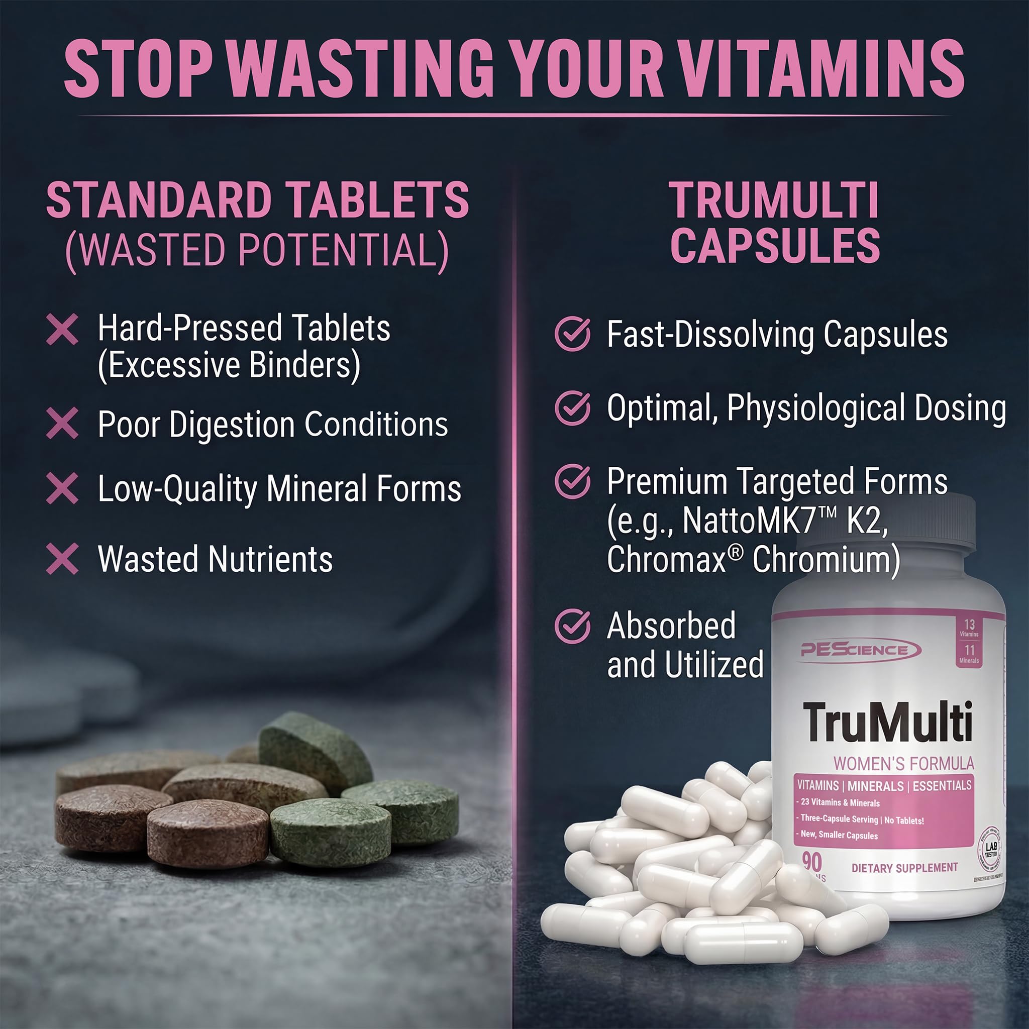 PEScience TruMulti etiqueta nutricional clara, muestra cantidades y transparencia