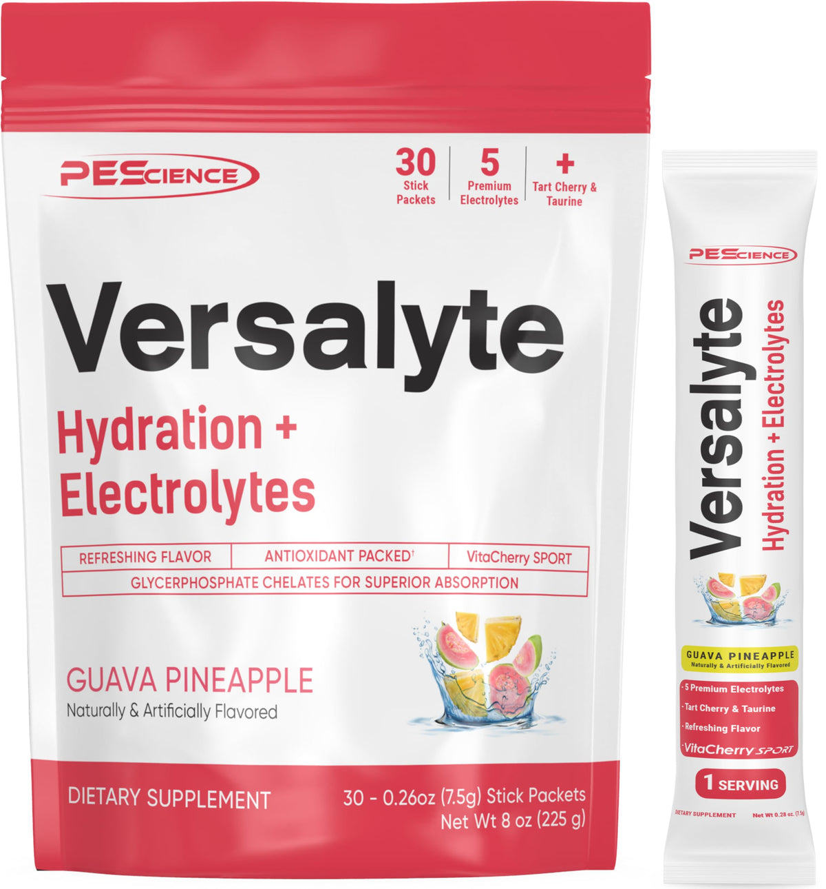 PEScience Versalyte frente del empaque mostrando 30 sobres y beneficio de portabilidad