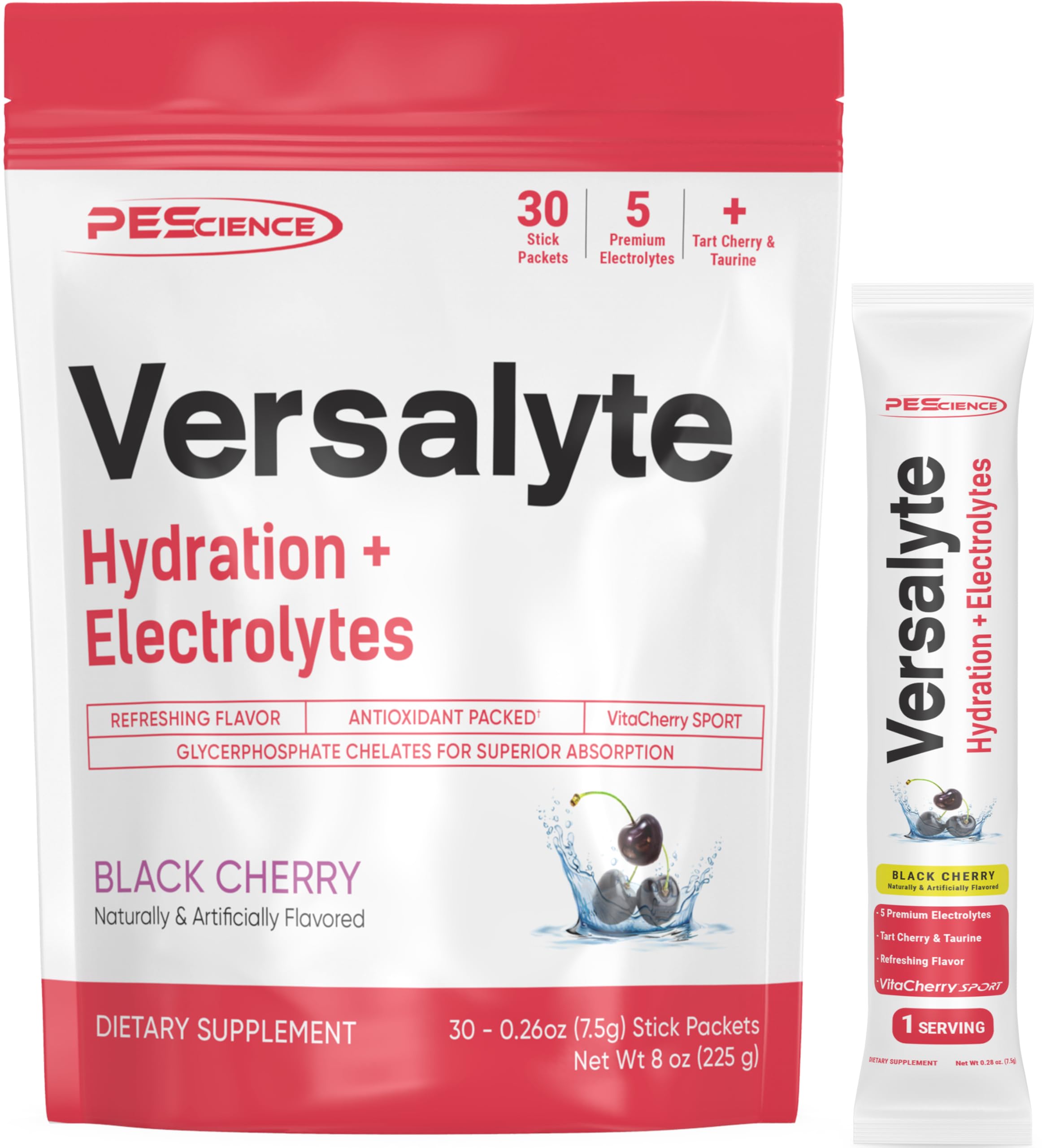 PEScience Versalyte frontal del empaque mostrando 30 sticks y sabor black cherry, práctico para llevar