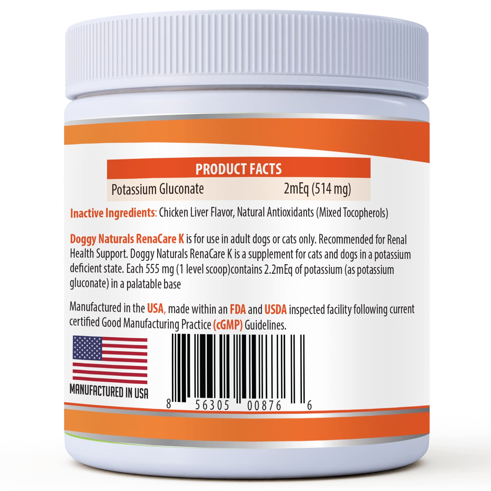 Pet Health Pharma etiqueta del producto RenaCare K con instrucciones y contenidos visibles