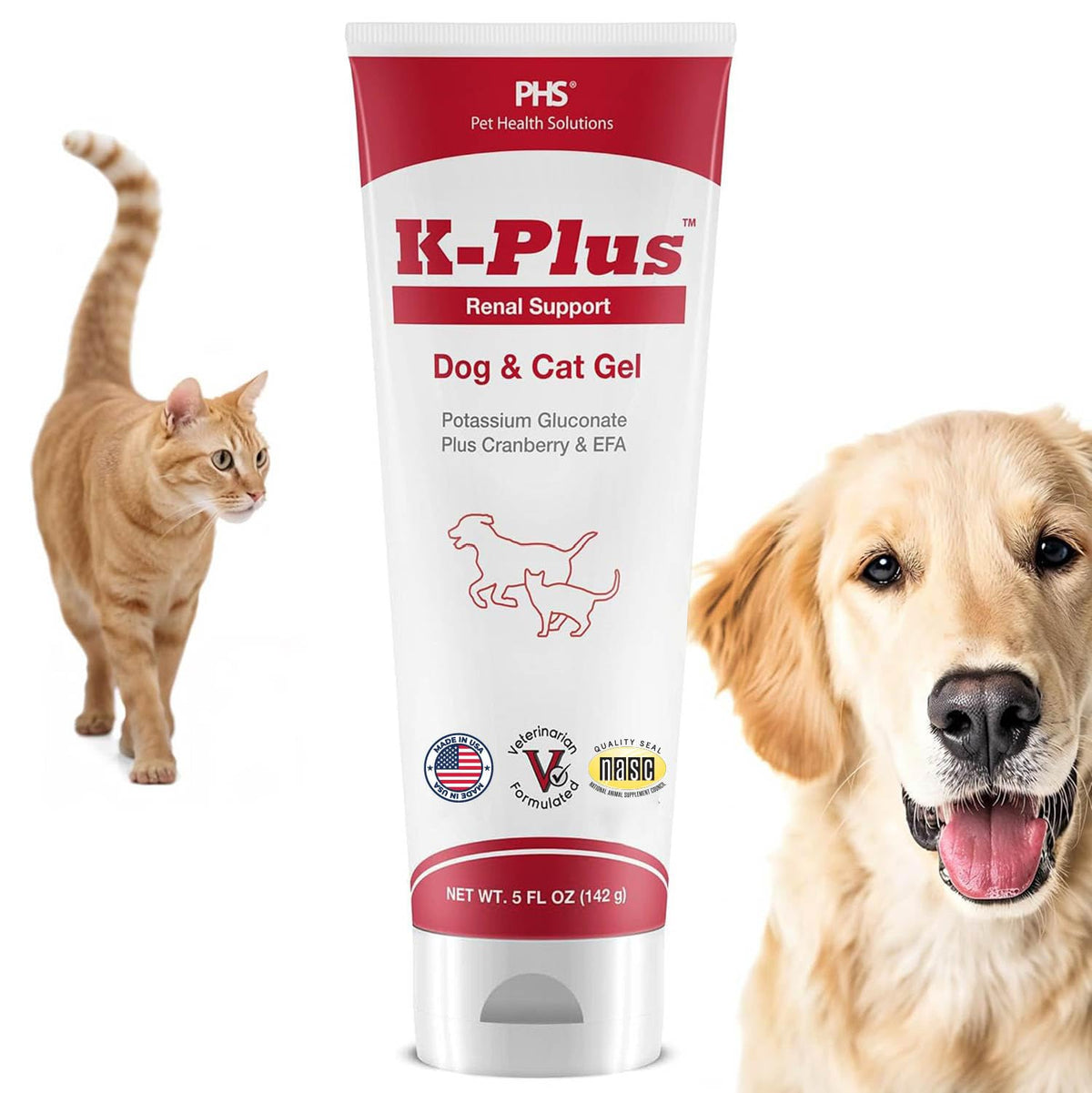 Pet Health Solutions envase frontal K-Plus Gel mostrando comercio y tamaño