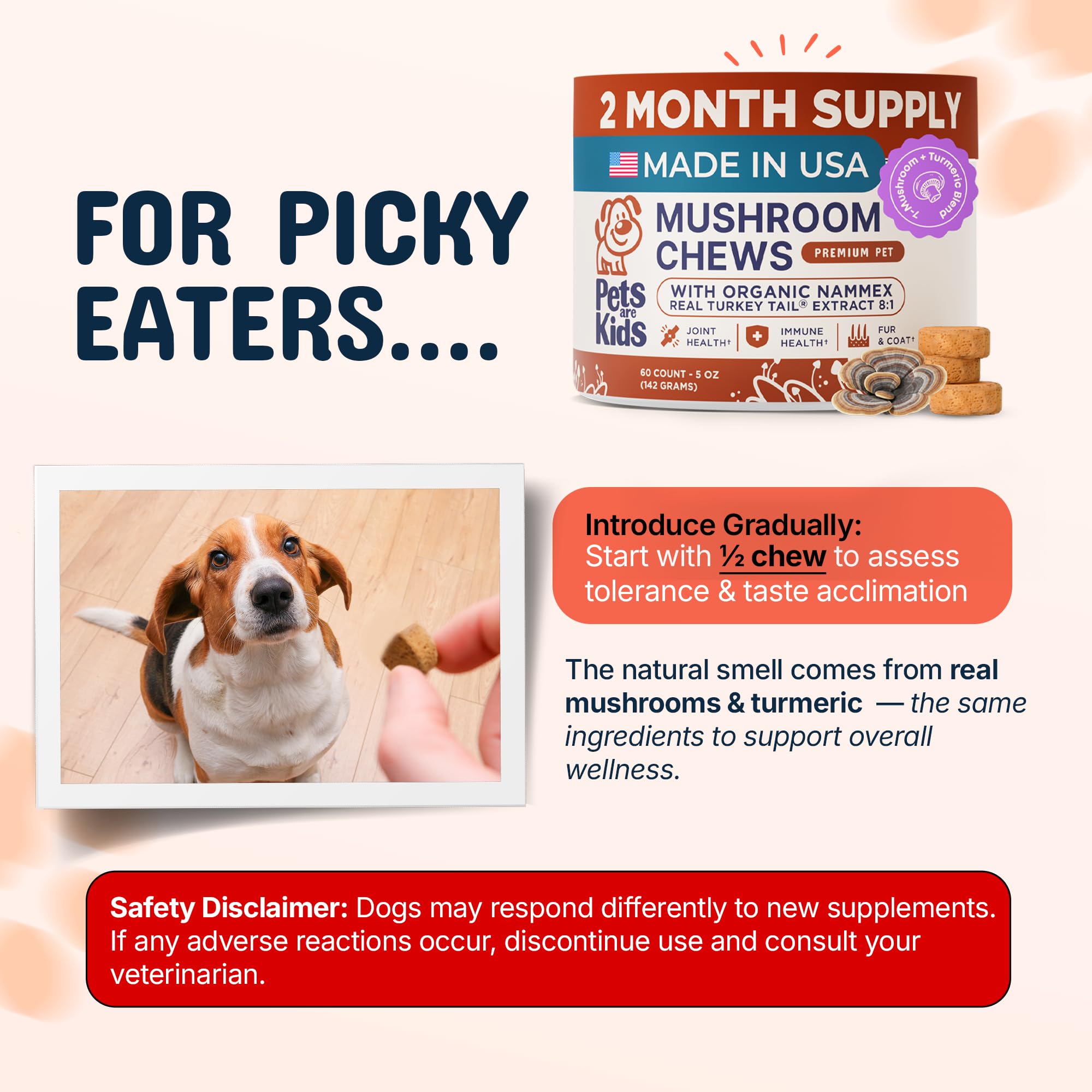 Pets Are Kids Too etiqueta nutricional visible con lista de hongos y dosis