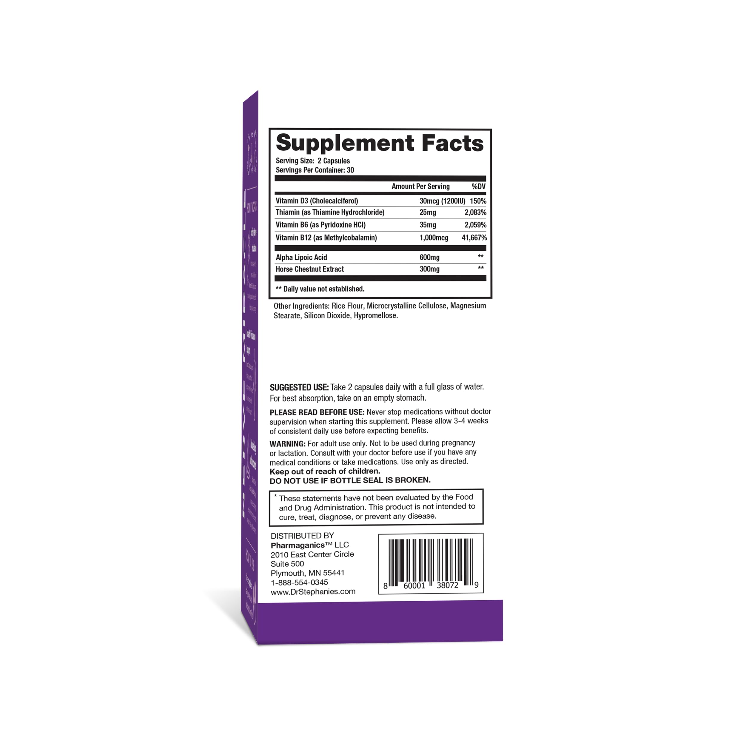 Pharmaganics etiqueta con ingredientes y dosis para confianza del usuario