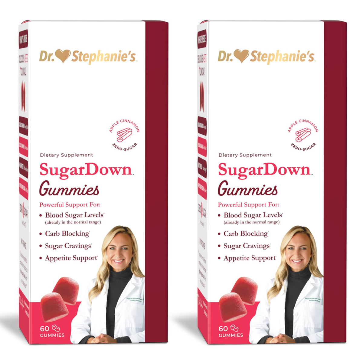 Pharmaganics envase frontal de SugarDown Gummies mostrando el diseño y beneficio práctico