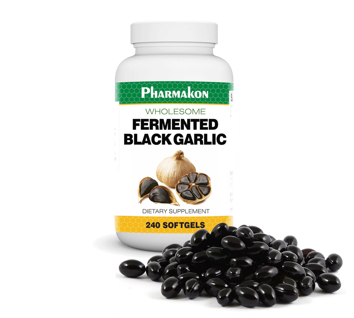 PHARMAKON envase frontal de ajo negro 240 cápsulas mostrando la marca y conveniencia