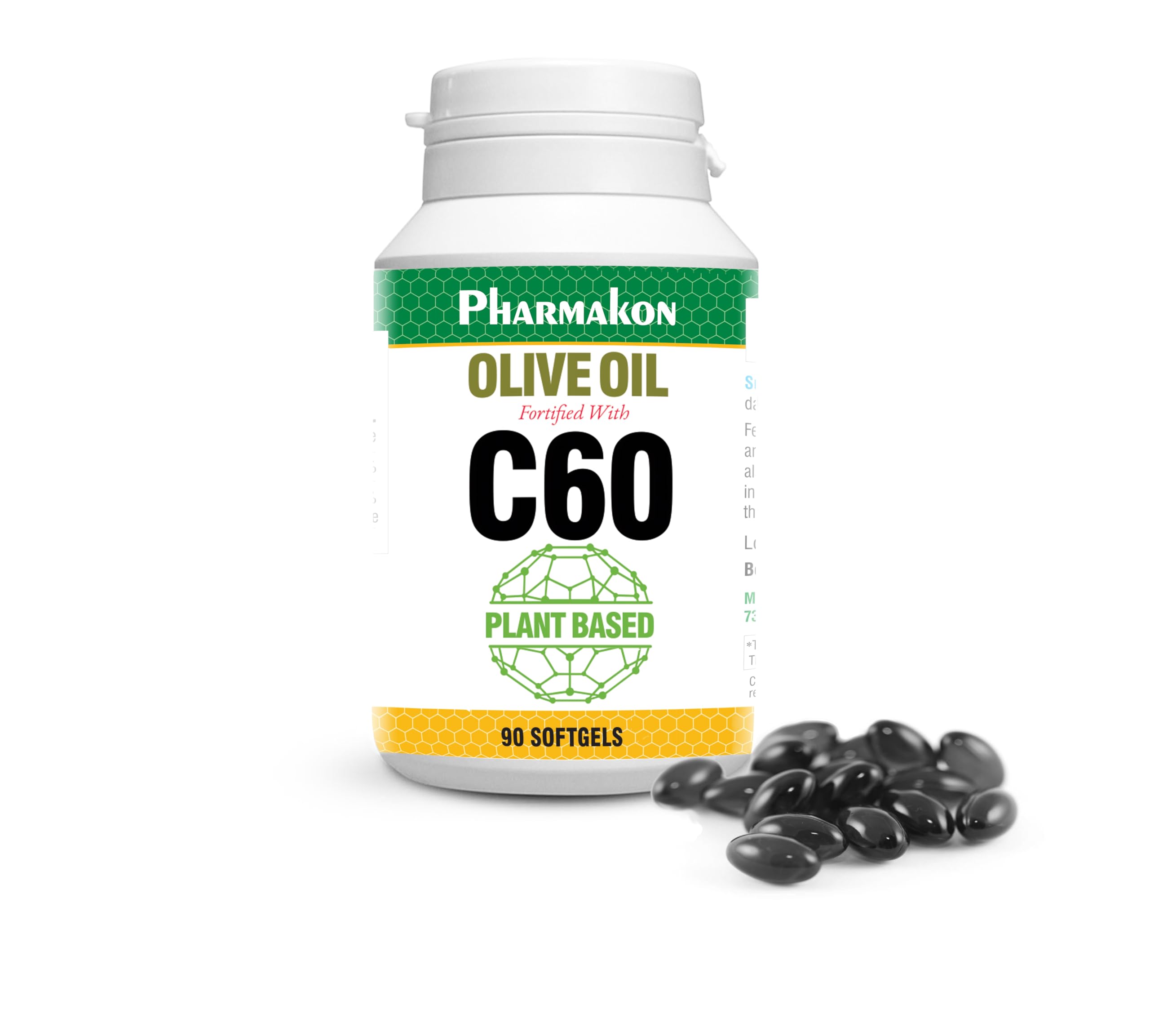 PHARMAKON frasco frontal de C60 en cápsulas muestra el envase y claridad de la etiqueta