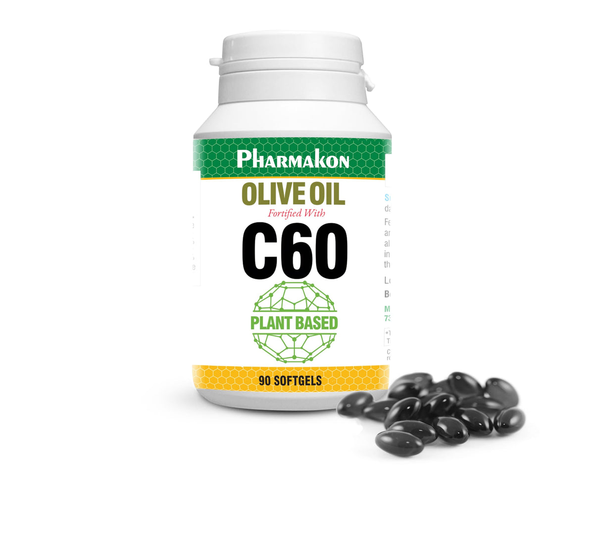 PHARMAKON frasco frontal de C60 en cápsulas muestra el envase y claridad de la etiqueta