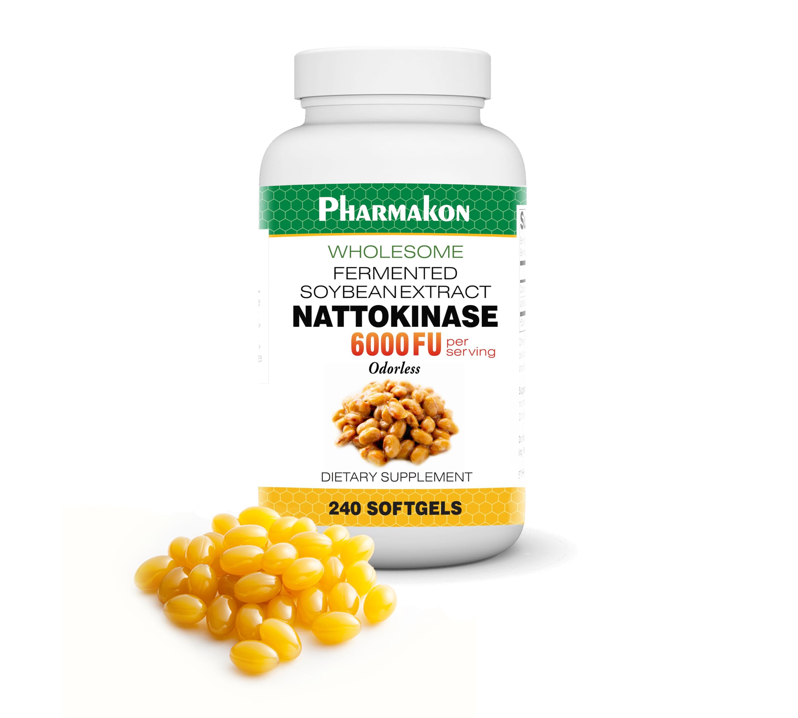 PHARMAKON envase frontal de Nattokinase 6000 FU, presentación clara y orgánica
