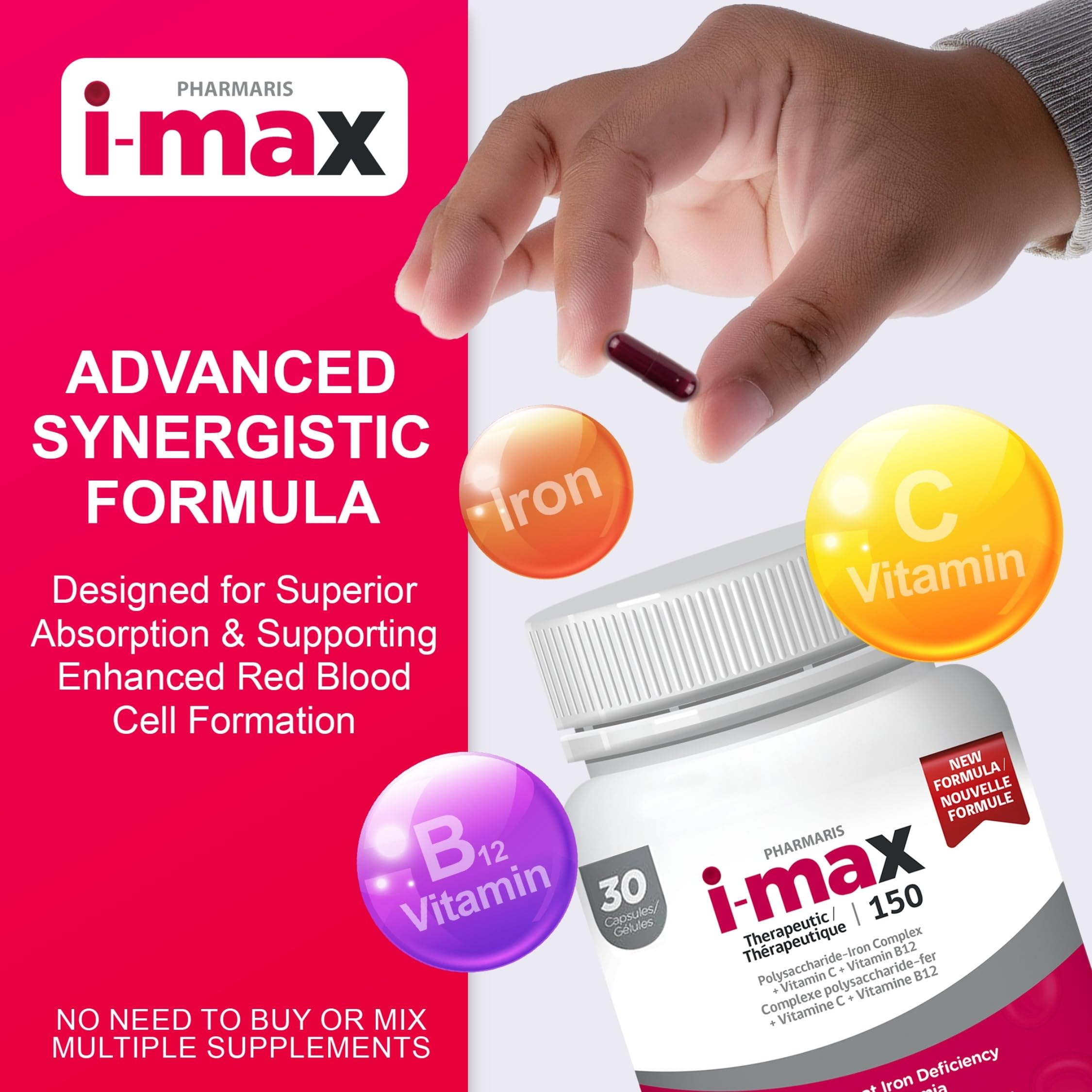 Pharmaris i-max caja abierta con frasco visible, opción vegana clara