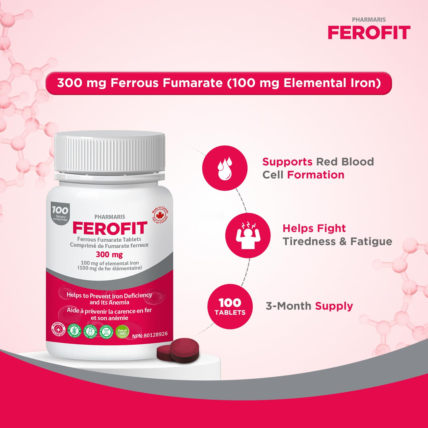 Pharmaris Ferofit primer plano de tableta que resalta textura y fácil ingestión